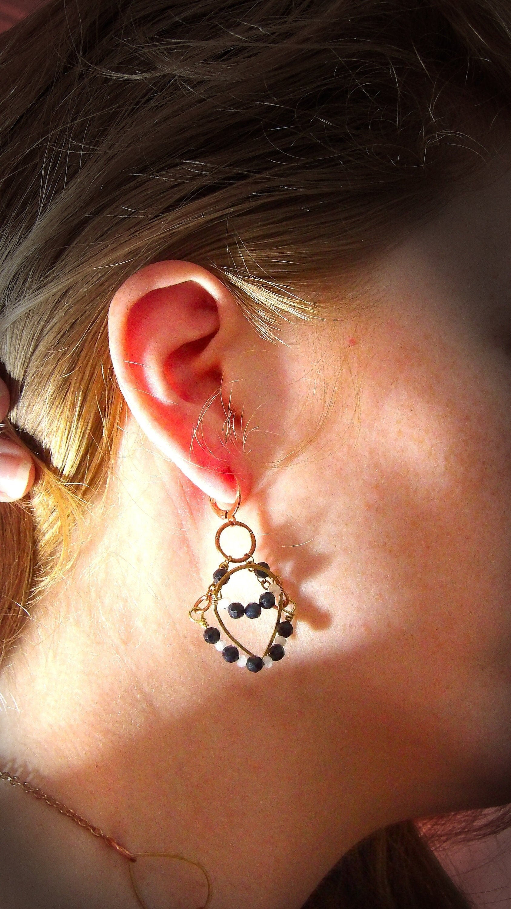 Hammered Brass Drop Earrings Ft. Natural Burma Sapphire & Moonstones | September Birthday | Boho Earrings | Artisan Gift | One Of A Kind