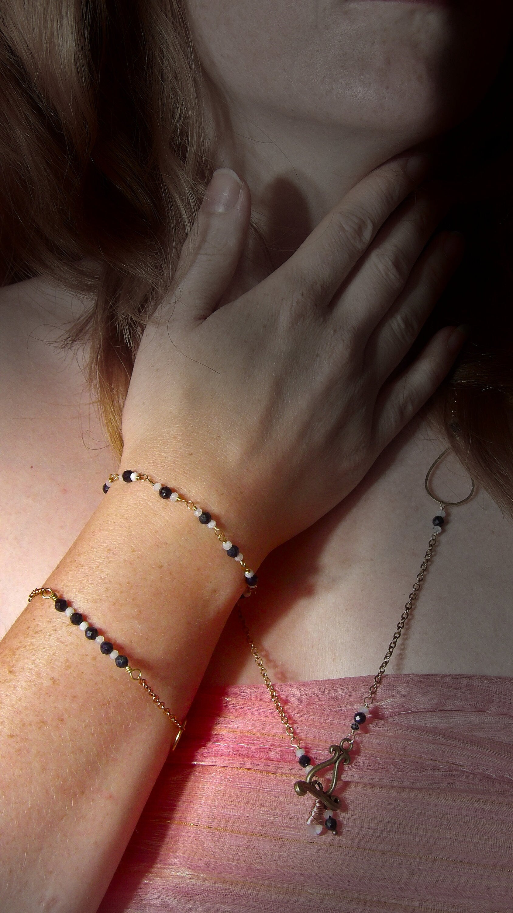 Natural Burma Sapphire & Moonstone Rosary Style Bracelet | Delicate Crystal Bracelet | September Birthday Gift | Artisan Boho Jewelry