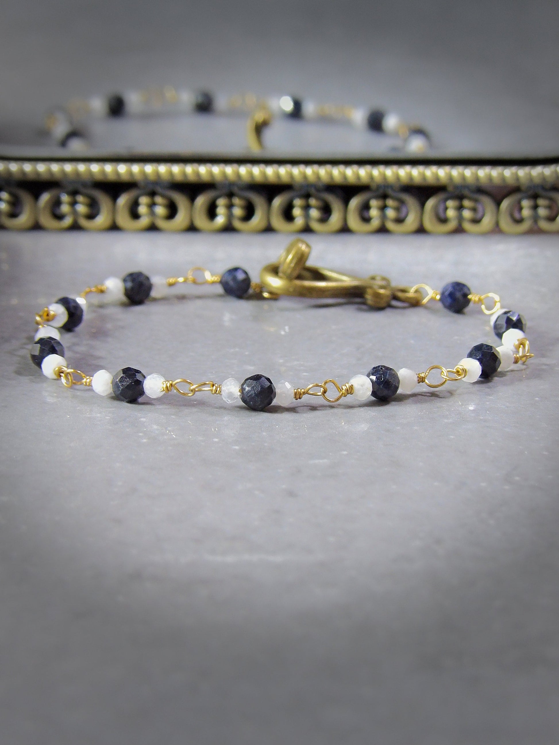 Natural Burma Sapphire & Moonstone Rosary Style Bracelet | Delicate Crystal Bracelet | September Birthday Gift | Artisan Boho Jewelry