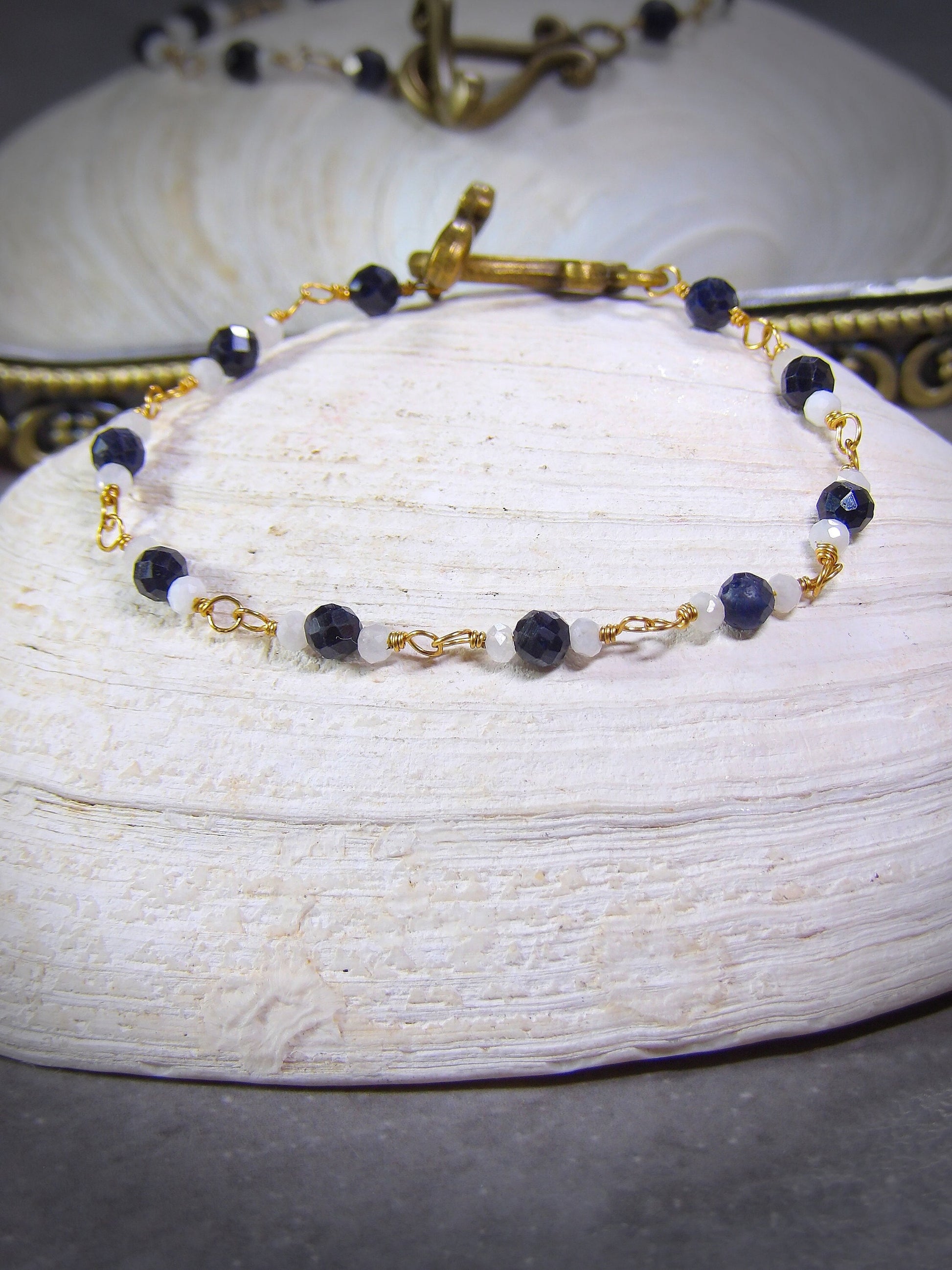 Natural Burma Sapphire & Moonstone Rosary Style Bracelet | Delicate Crystal Bracelet | September Birthday Gift | Artisan Boho Jewelry