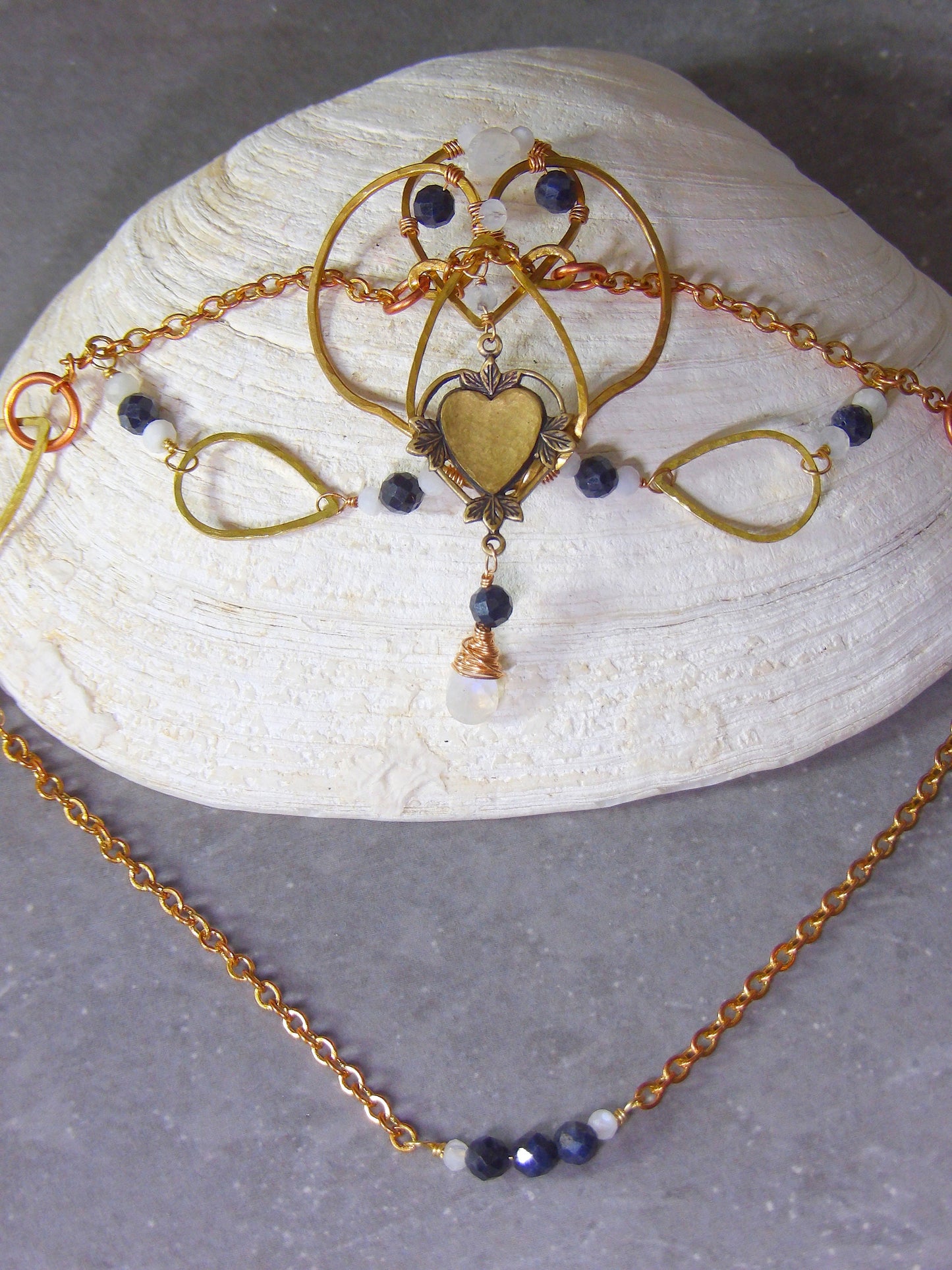 Natural Burma Sapphire & Moonstone Choker Necklace | Art Nouveau Filigree Necklace | Artisan Boho Jewelry | Handmade Bohemian Jewlery