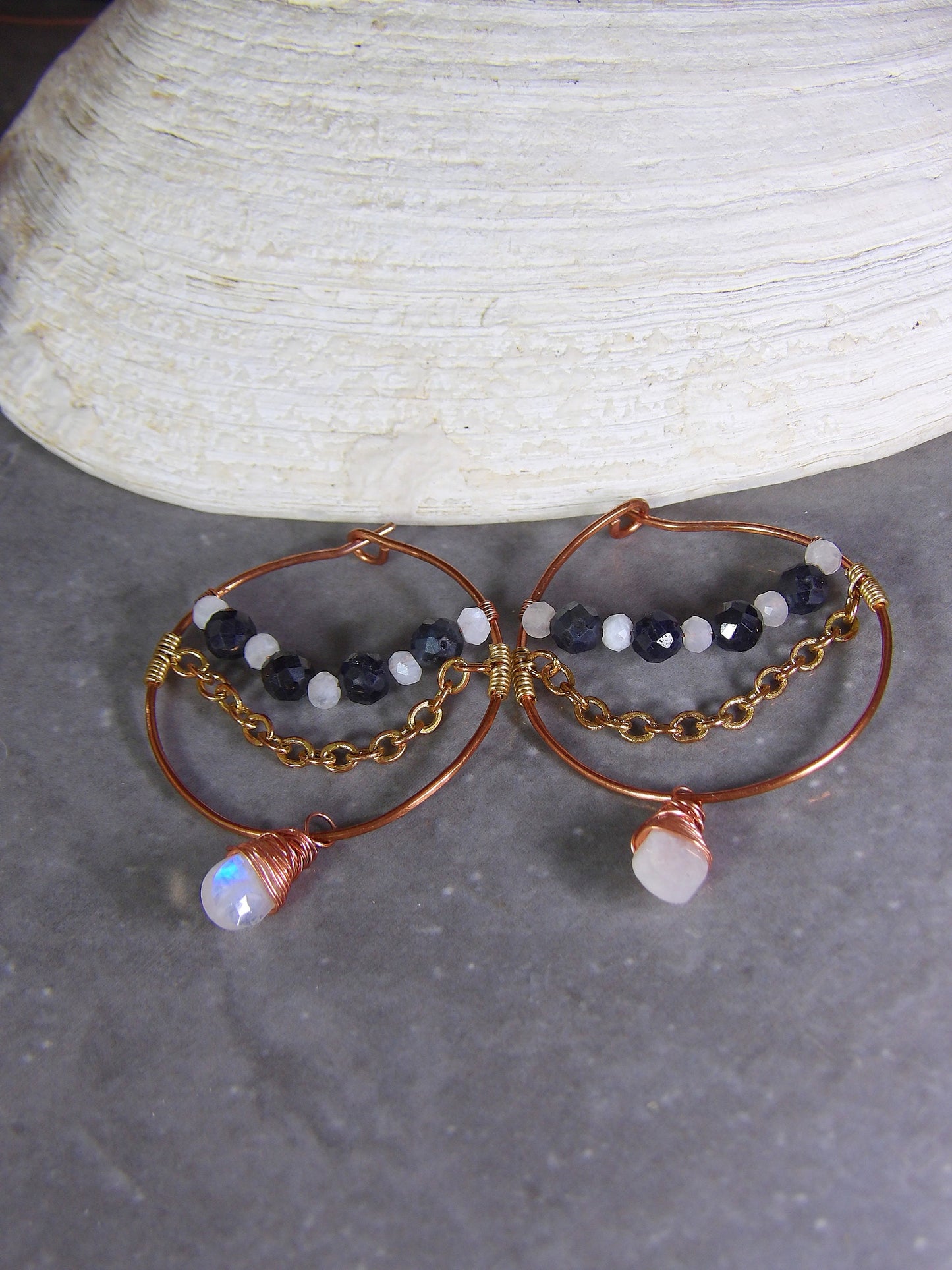 Copper Hoop Earrings Ft. Natural Burma Sapphire & Moonstone | September Birthday | Boho Jewelry | One Of A Kind | Handmade| Artisan Gift