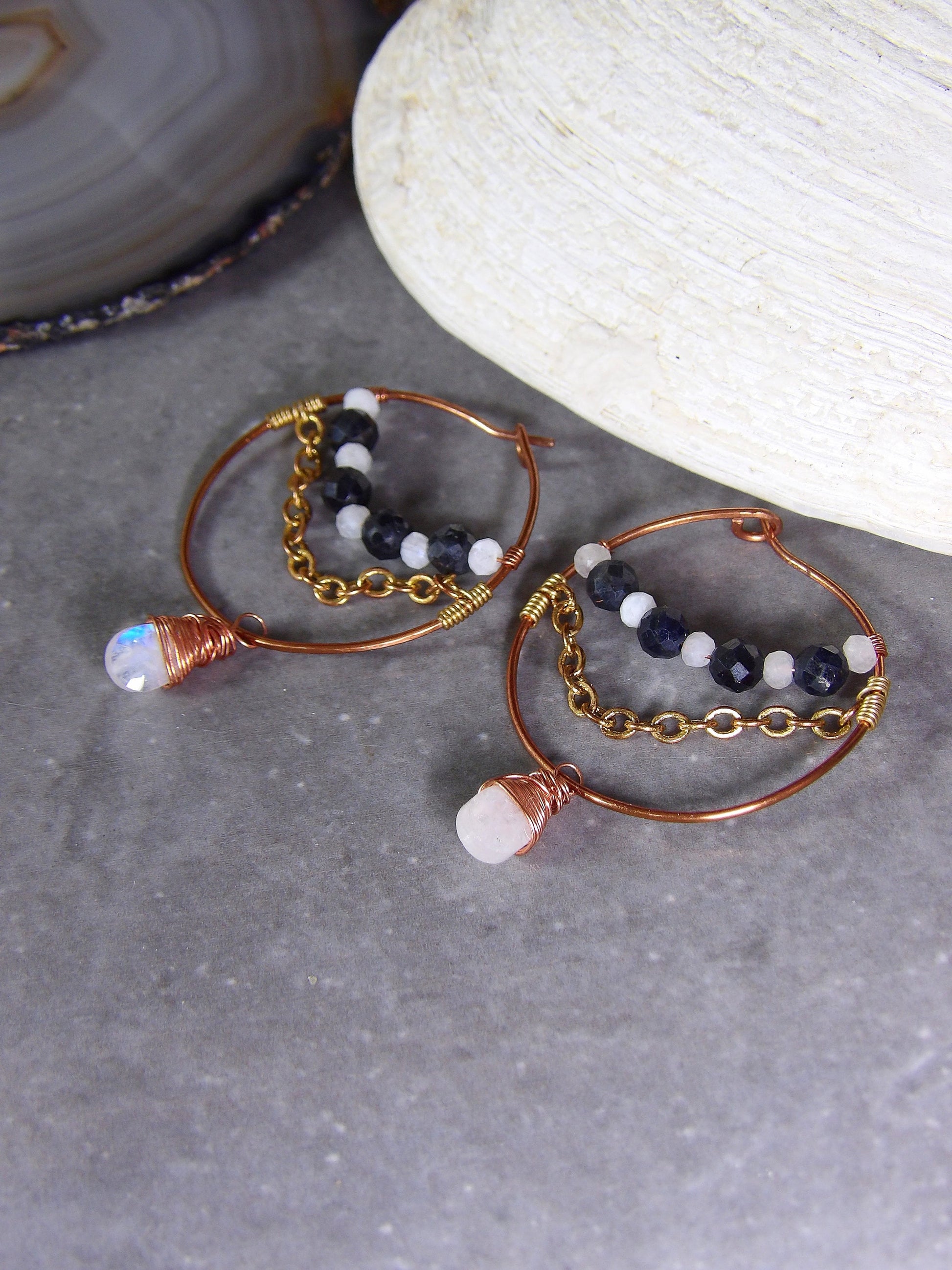 Copper Hoop Earrings Ft. Natural Burma Sapphire & Moonstone | September Birthday | Boho Jewelry | One Of A Kind | Handmade| Artisan Gift