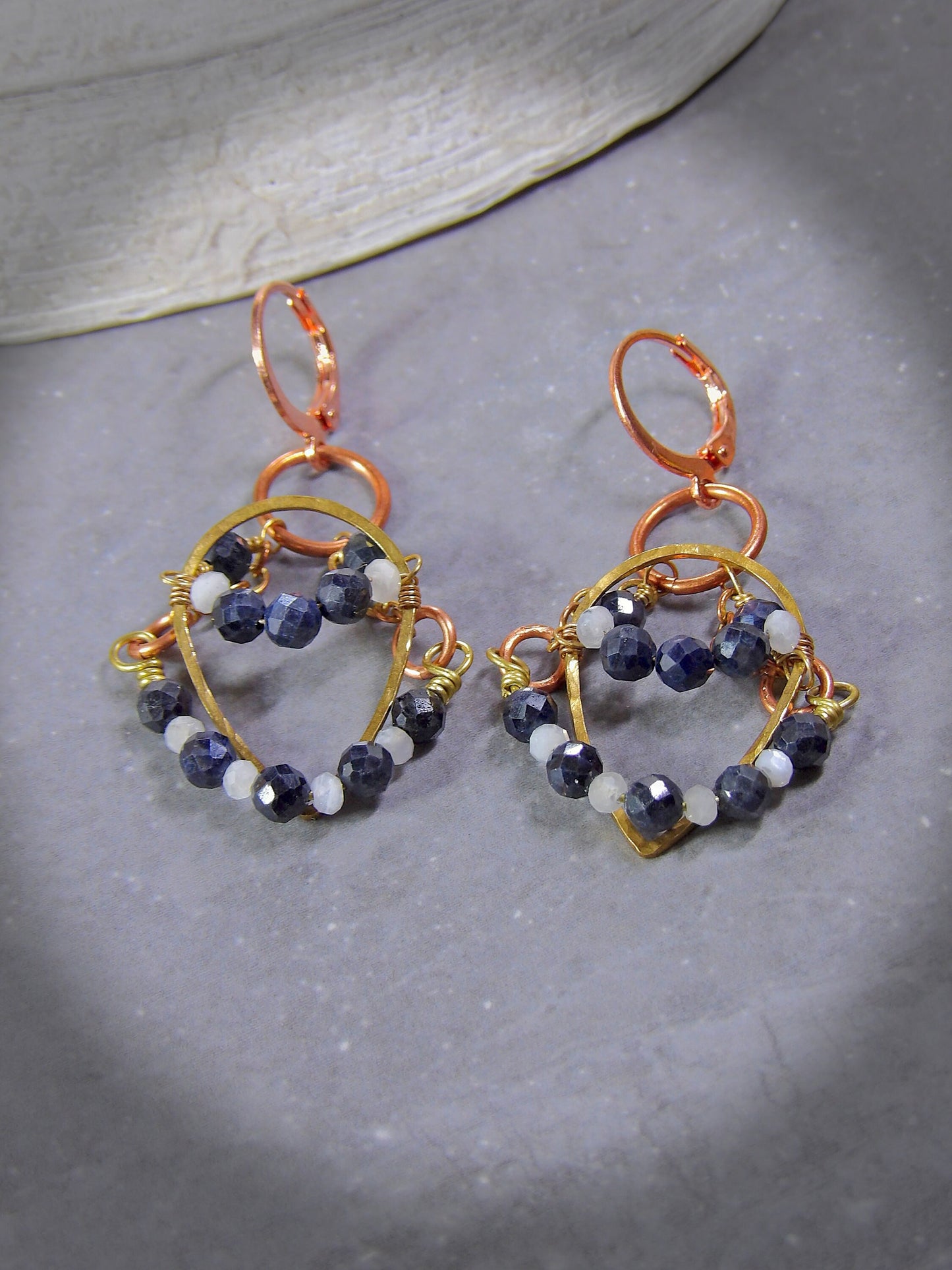 Hammered Brass Drop Earrings Ft. Natural Burma Sapphire & Moonstones | September Birthday | Boho Earrings | Artisan Gift | One Of A Kind