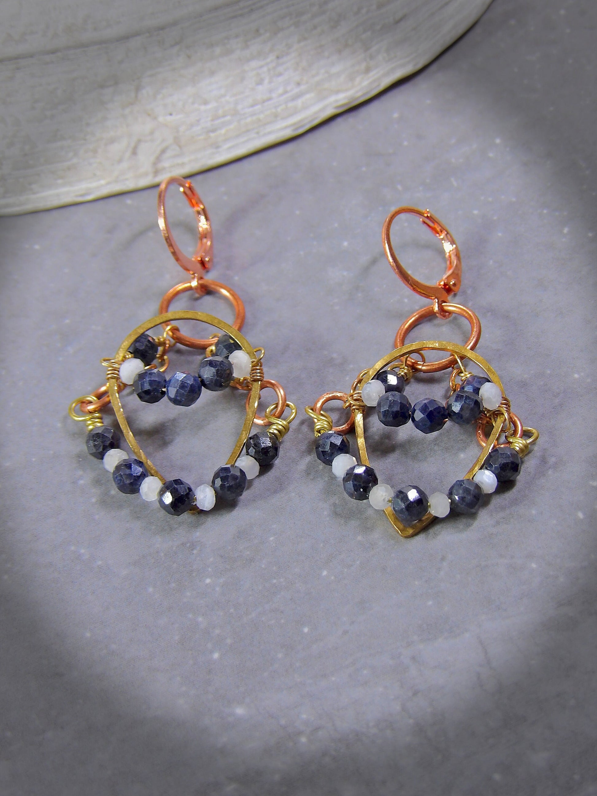 Hammered Brass Drop Earrings Ft. Natural Burma Sapphire & Moonstones | September Birthday | Boho Earrings | Artisan Gift | One Of A Kind