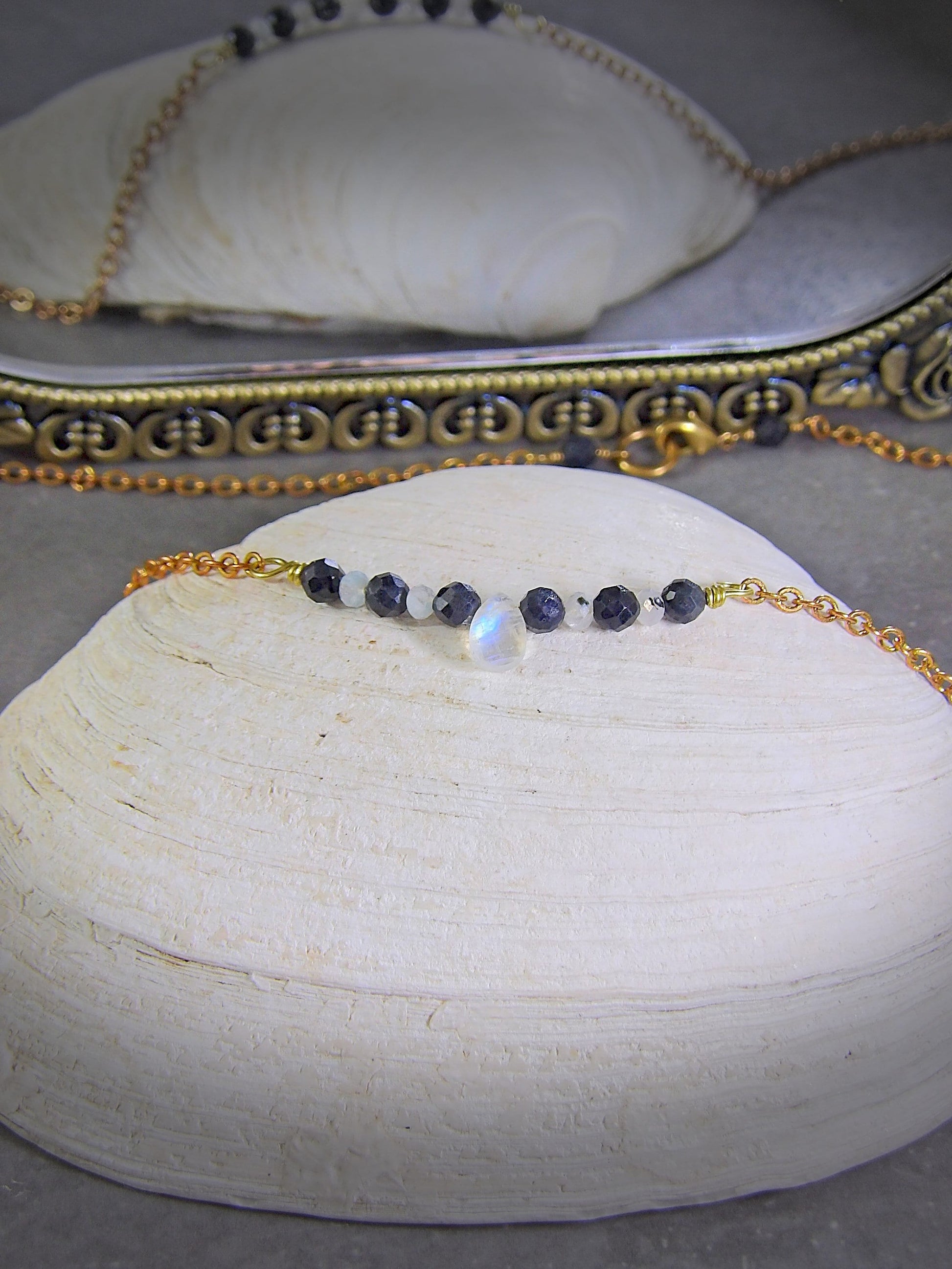 Delicate Burma Sapphire & Moonstone Bar Necklace | September Birthday | Boho jewelry | Artisan Gift For Her | Handmade One Of A Kind Jewelry