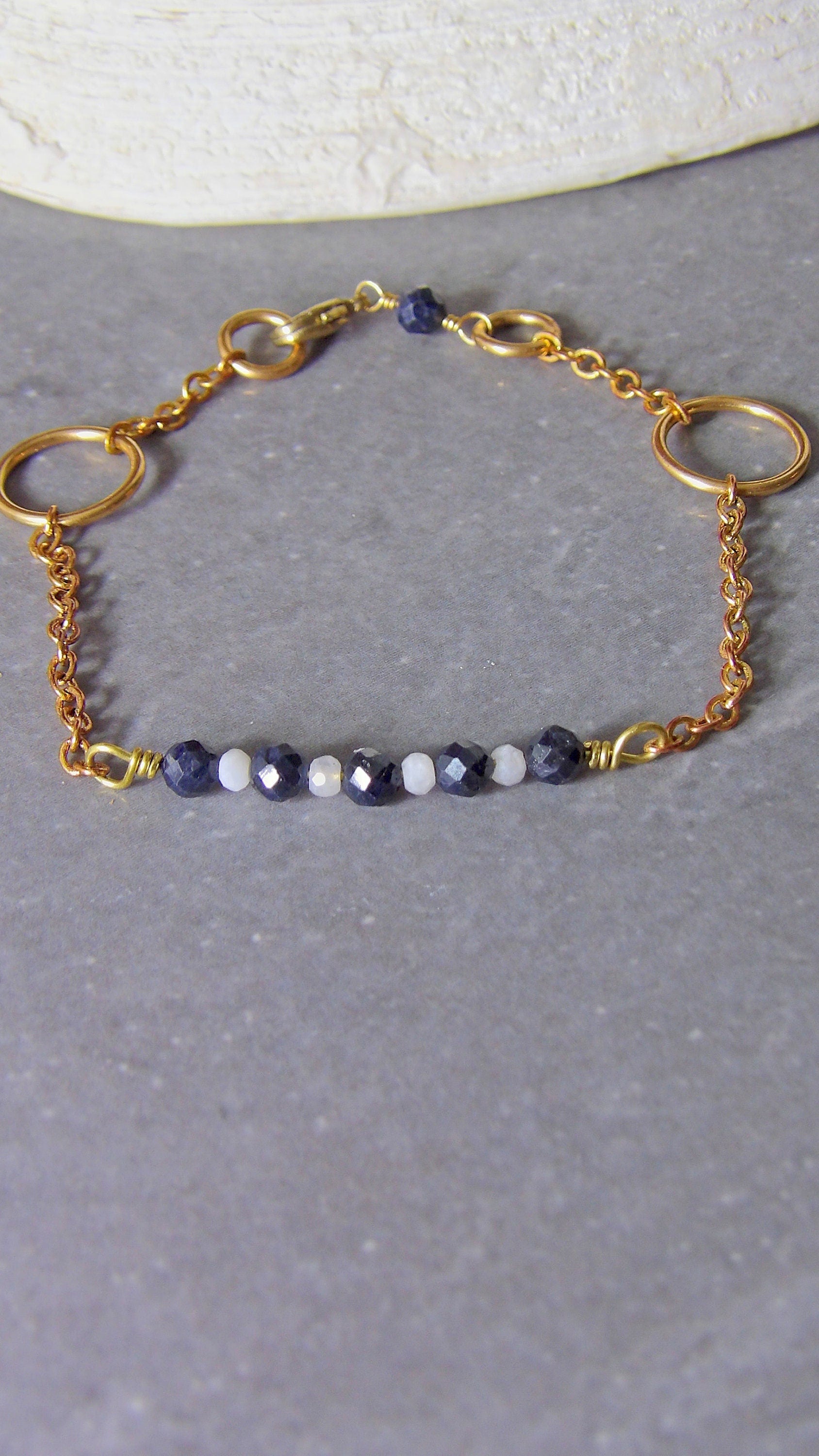 Natural Burma Sapphire & Moonstone Bracelet | Gemstone Bar Bracelet | September Birthday | Handmade Artisan Gift For Her | Boho Jewelry