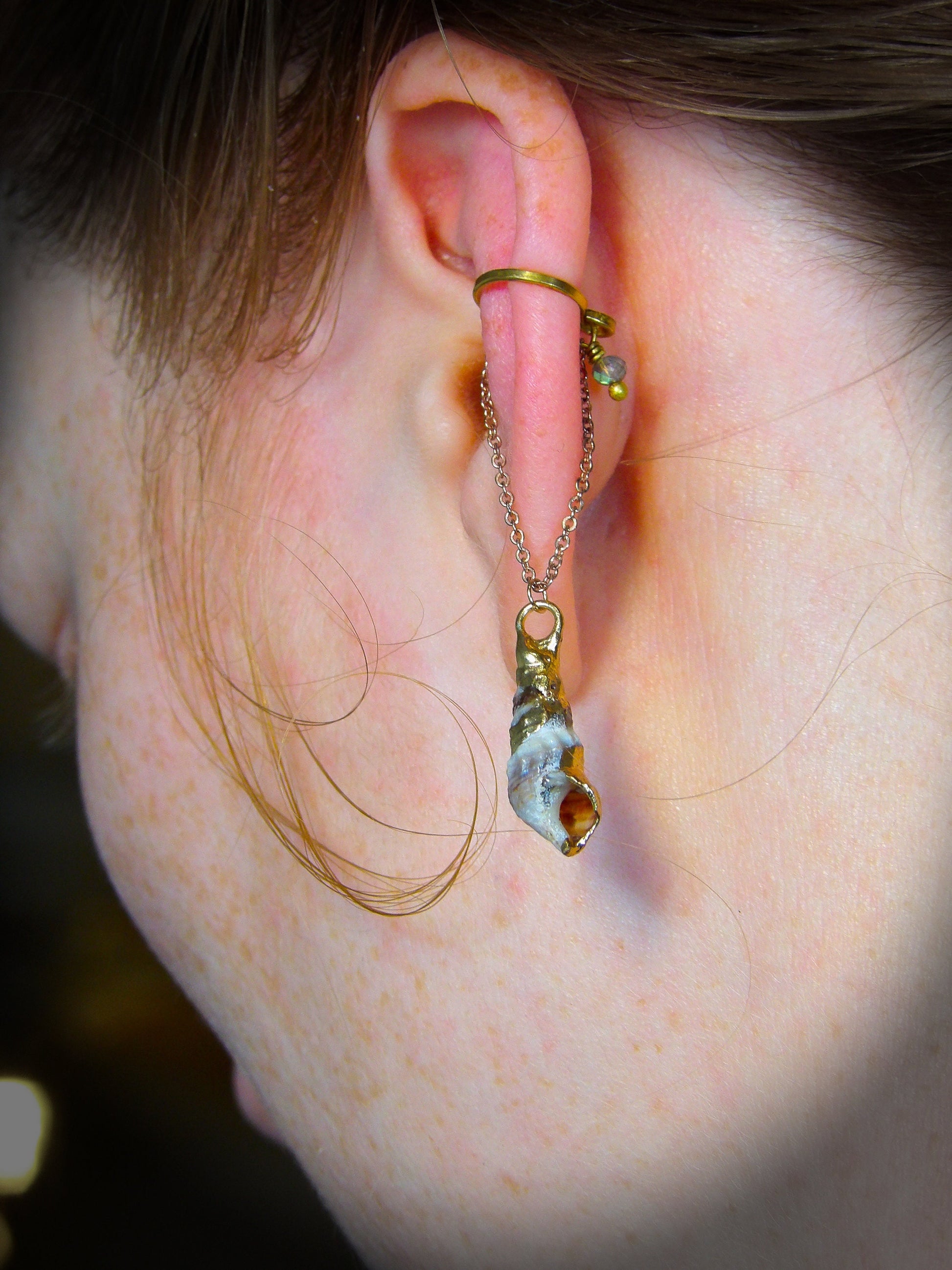 Ear Cuff No Piercing With Labradorite & Seashell | Earcuff No Piercing With Chain | Ethical Jewelry | Boho Siren Jewelry | Meaningful Gifts