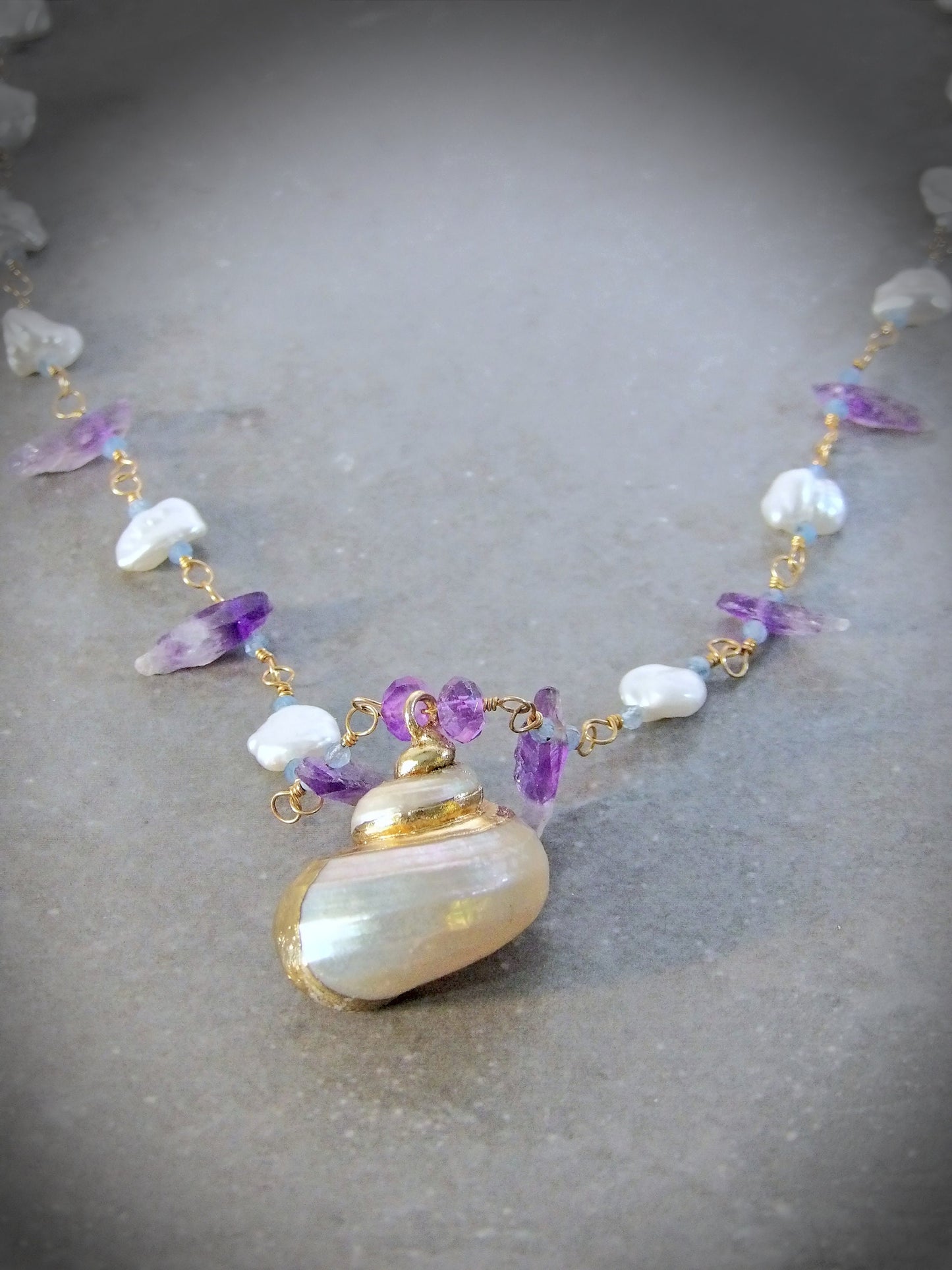 Natural Baroque Pearl Necklace Amethyst & Aquamarine | Siren Jewelry | Seashell Pendant | Ethical Gemstones | Ocean Jewelry | Keshi Pearls