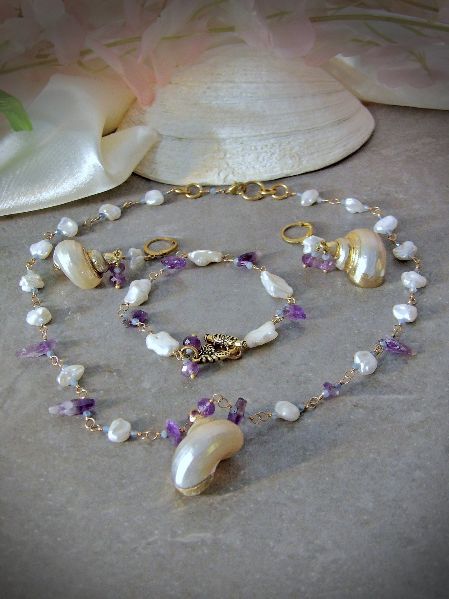 Natural Baroque Pearl Necklace Amethyst & Aquamarine | Siren Jewelry | Seashell Pendant | Ethical Gemstones | Ocean Jewelry | Keshi Pearls