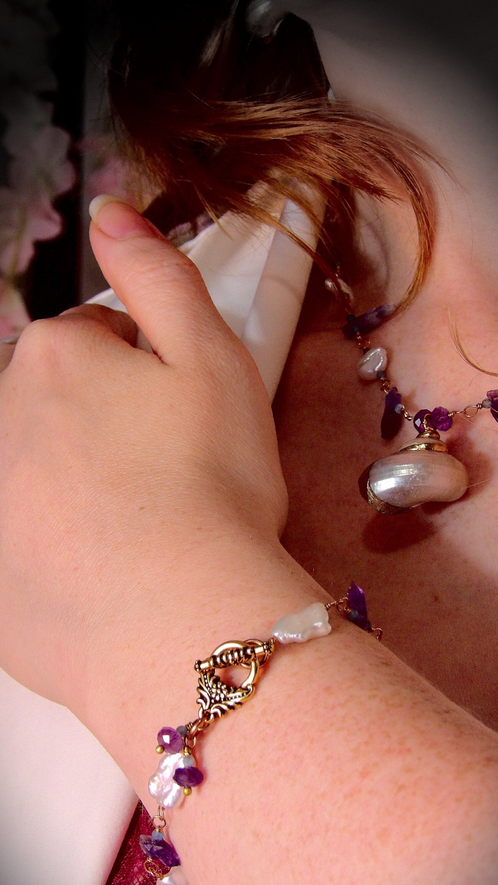 baroque pearl bracelet with natural amethyst and aquamarine