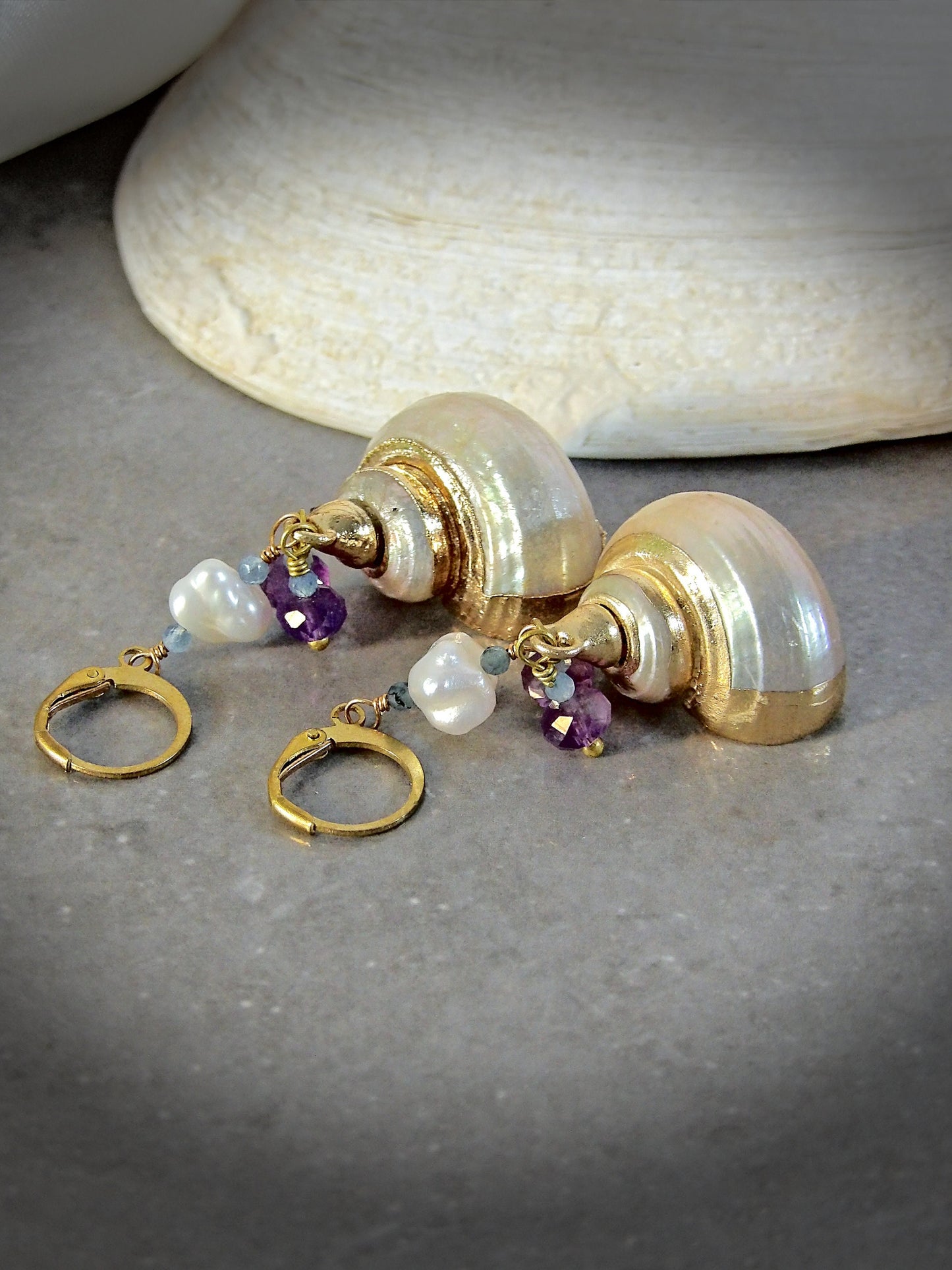 irregular pearl earrings. Baroque pearl earrings with aquamarine and amethyst and shell