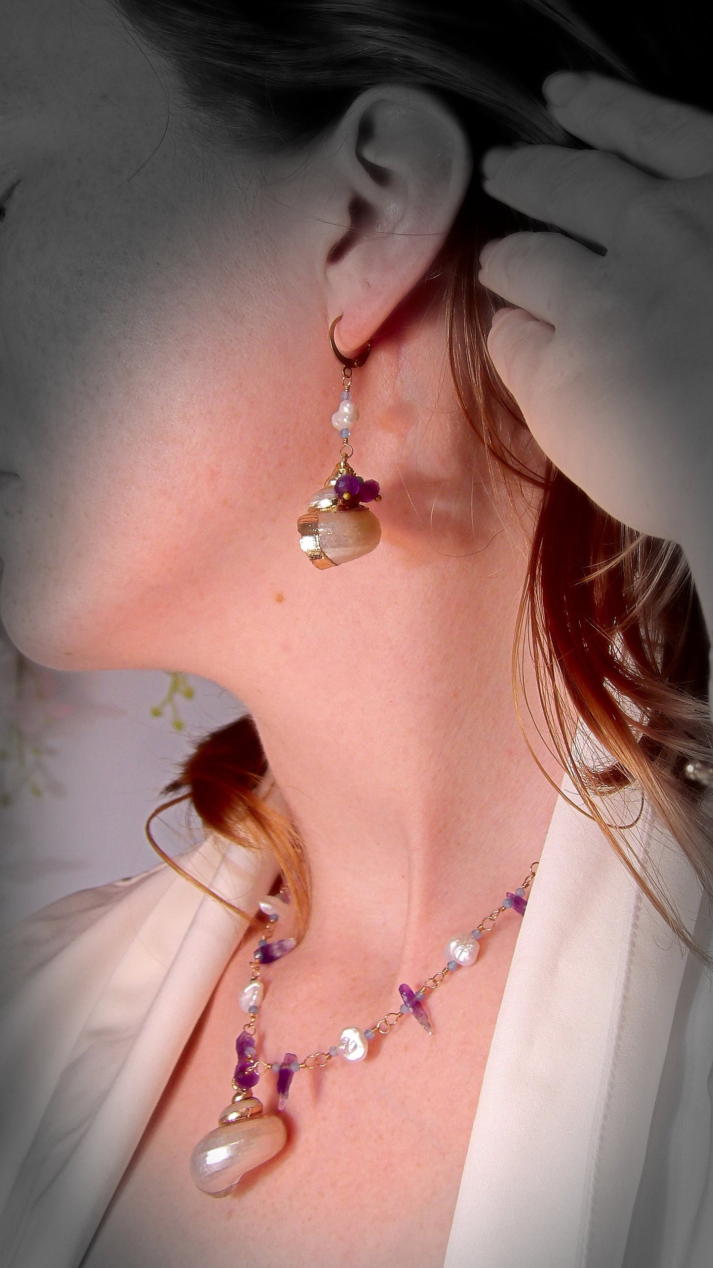 irregular pearl earrings. Baroque pearl earrings with aquamarine and amethyst and shell