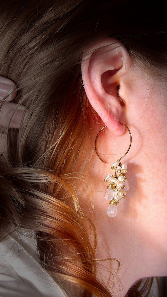 sky blue topaz drops and baroque keshi pearl cluster earrings on copper hoops boho siren jewelry