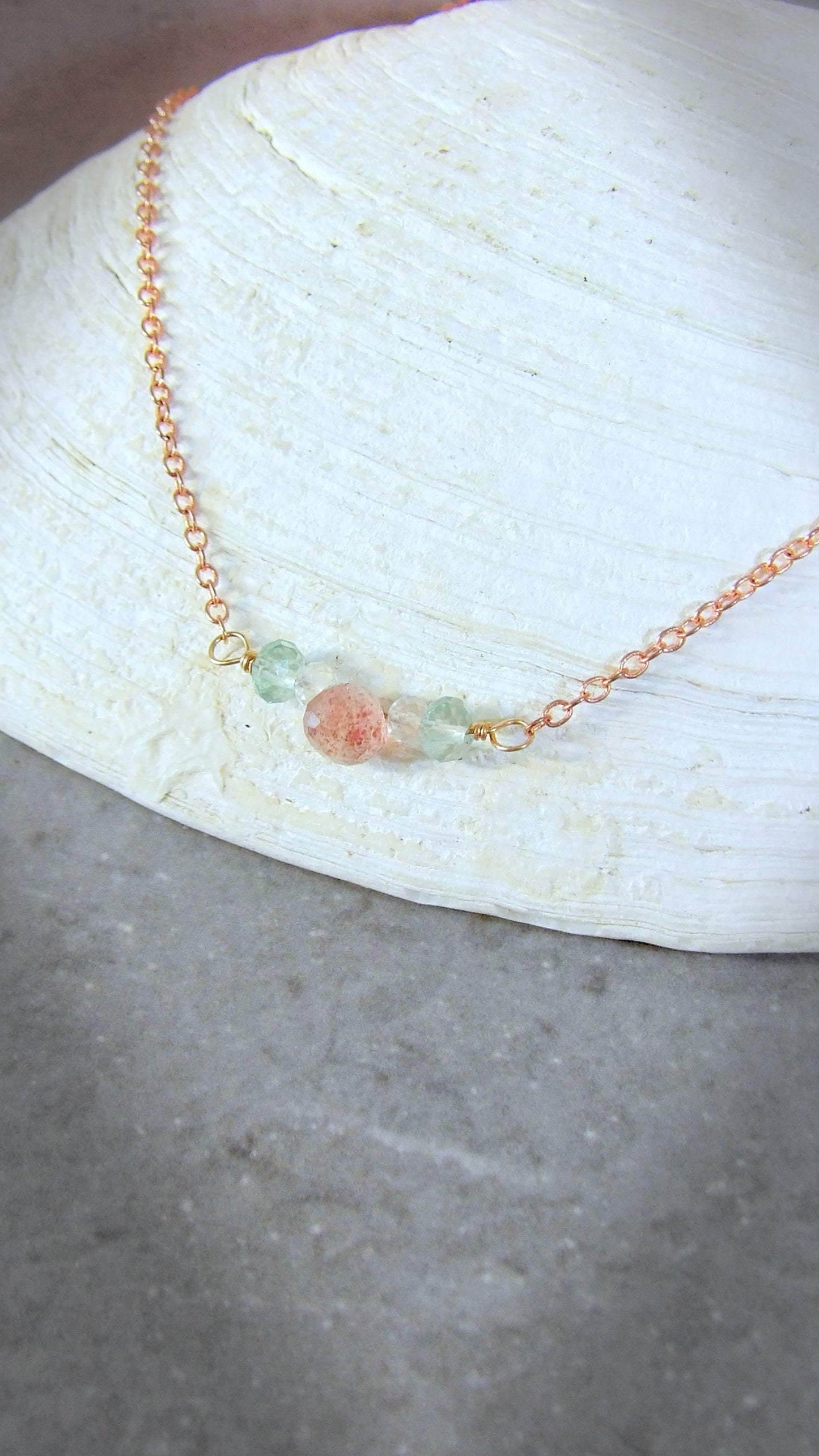 strawberry quartz fluorite white topaz dainty boho chic necklace 1