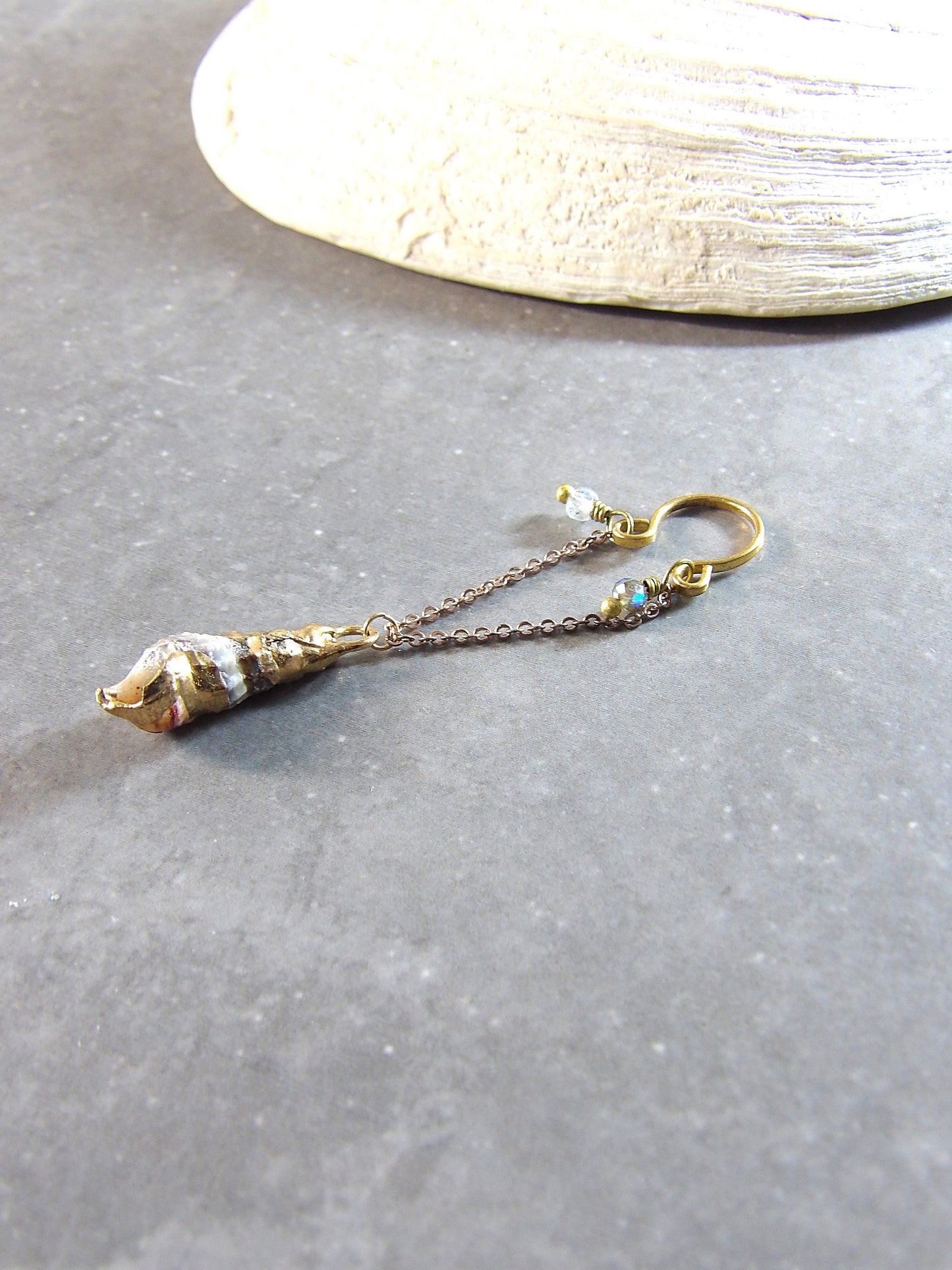 Ear Cuff No Piercing With Labradorite & Seashell | Earcuff No Piercing With Chain | Ethical Jewelry | Boho Siren Jewelry | Meaningful Gifts