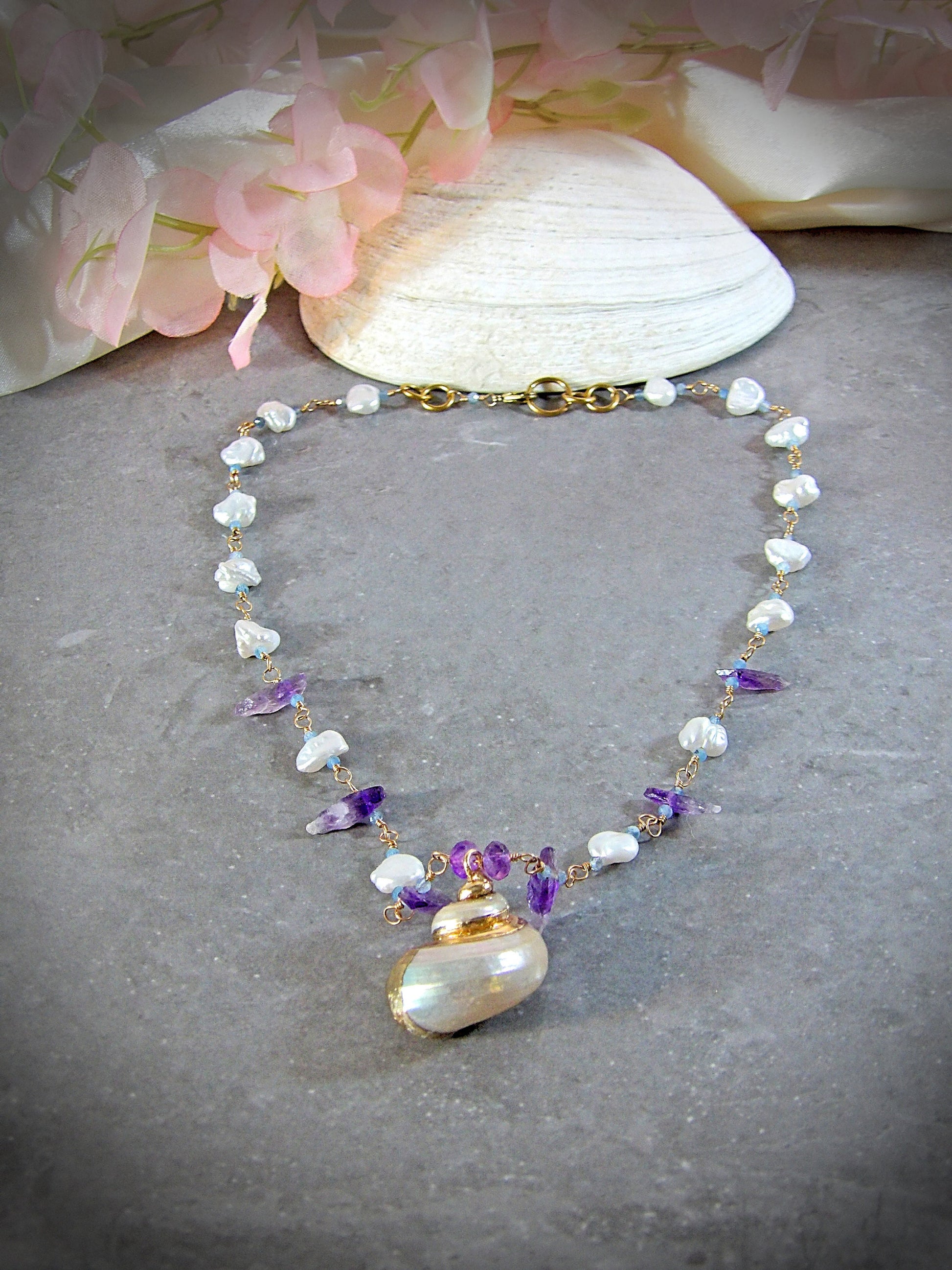 Natural Baroque Pearl Necklace Amethyst & Aquamarine | Siren Jewelry | Seashell Pendant | Ethical Gemstones | Ocean Jewelry | Keshi Pearls