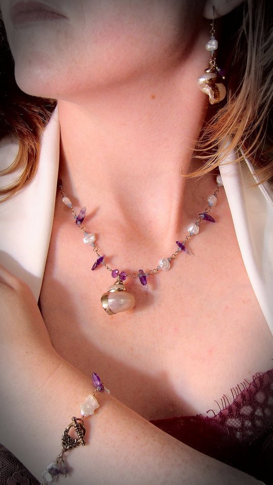 Natural Baroque Pearl Necklace Amethyst & Aquamarine | Siren Jewelry | Seashell Pendant | Ethical Gemstones | Ocean Jewelry | Keshi Pearls