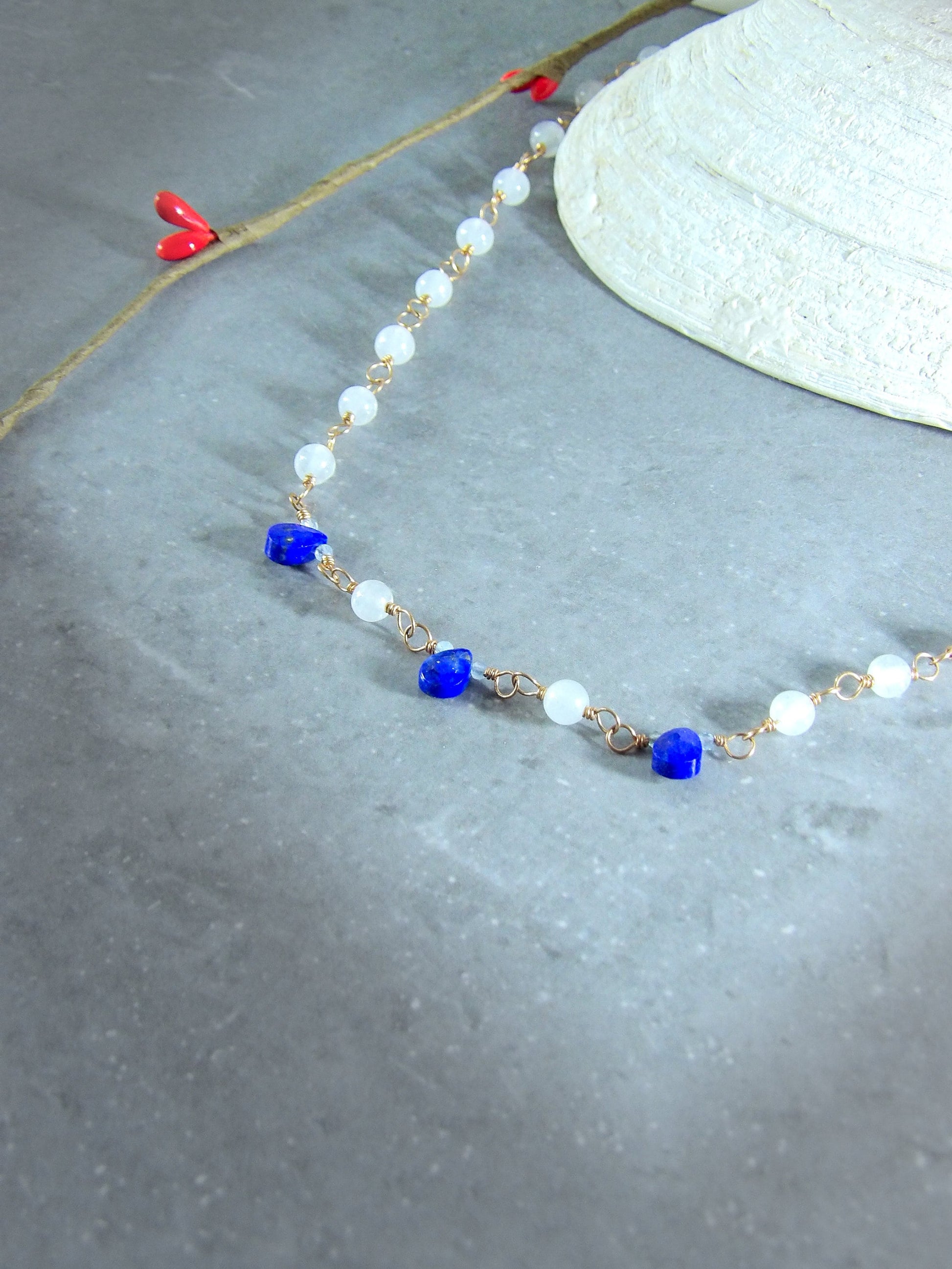 lapis lazuli white jade aquamarine boho necklace. beaded boho necklace. Natural gemstone necklace. Boho hoop earrings. Beaded earrings.