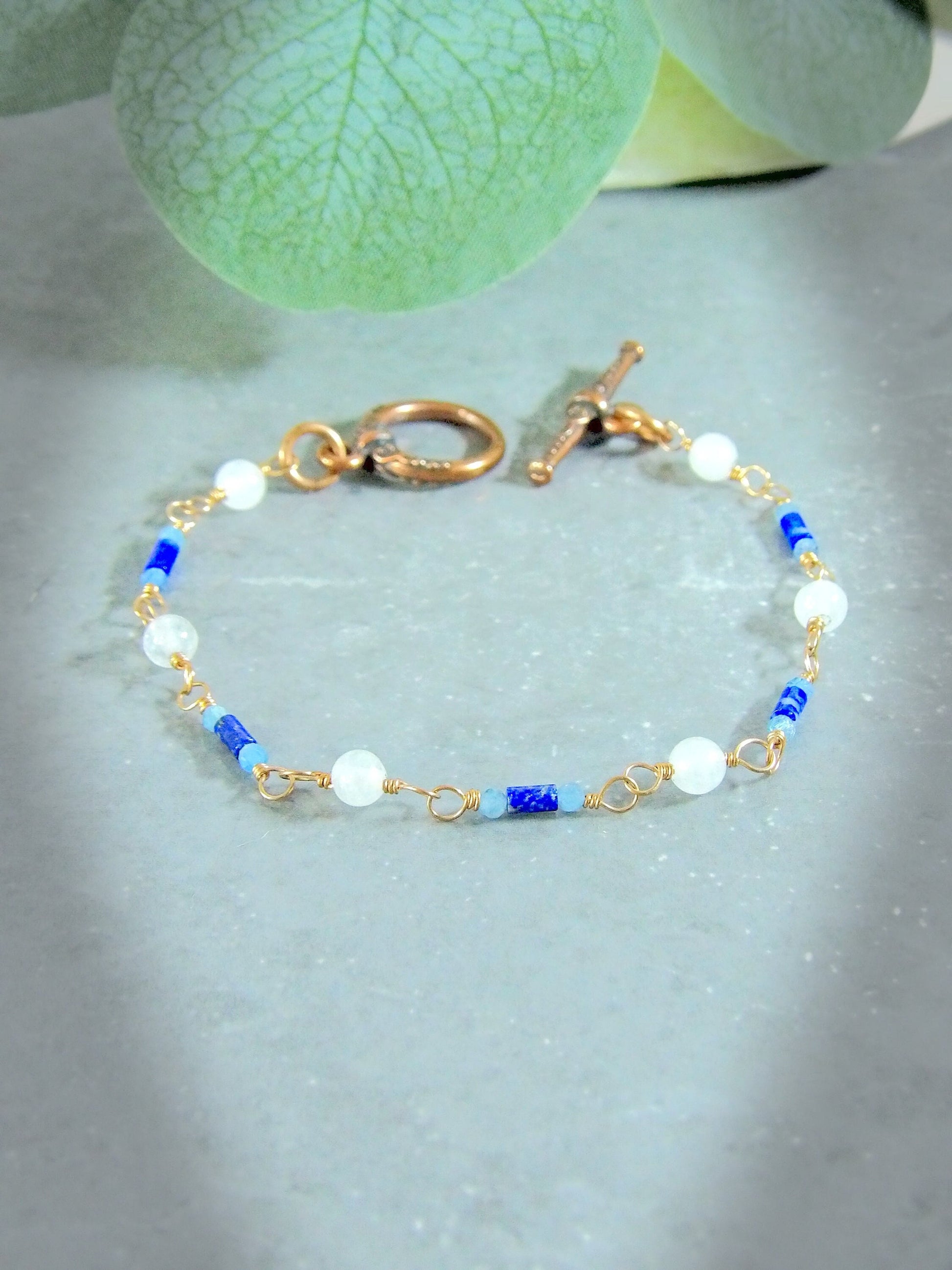 boho white jade aquamarine lapis lazuli bracelet. Toggle clasp bracelet. Beaded boho bracelet. Gemstone bracelet