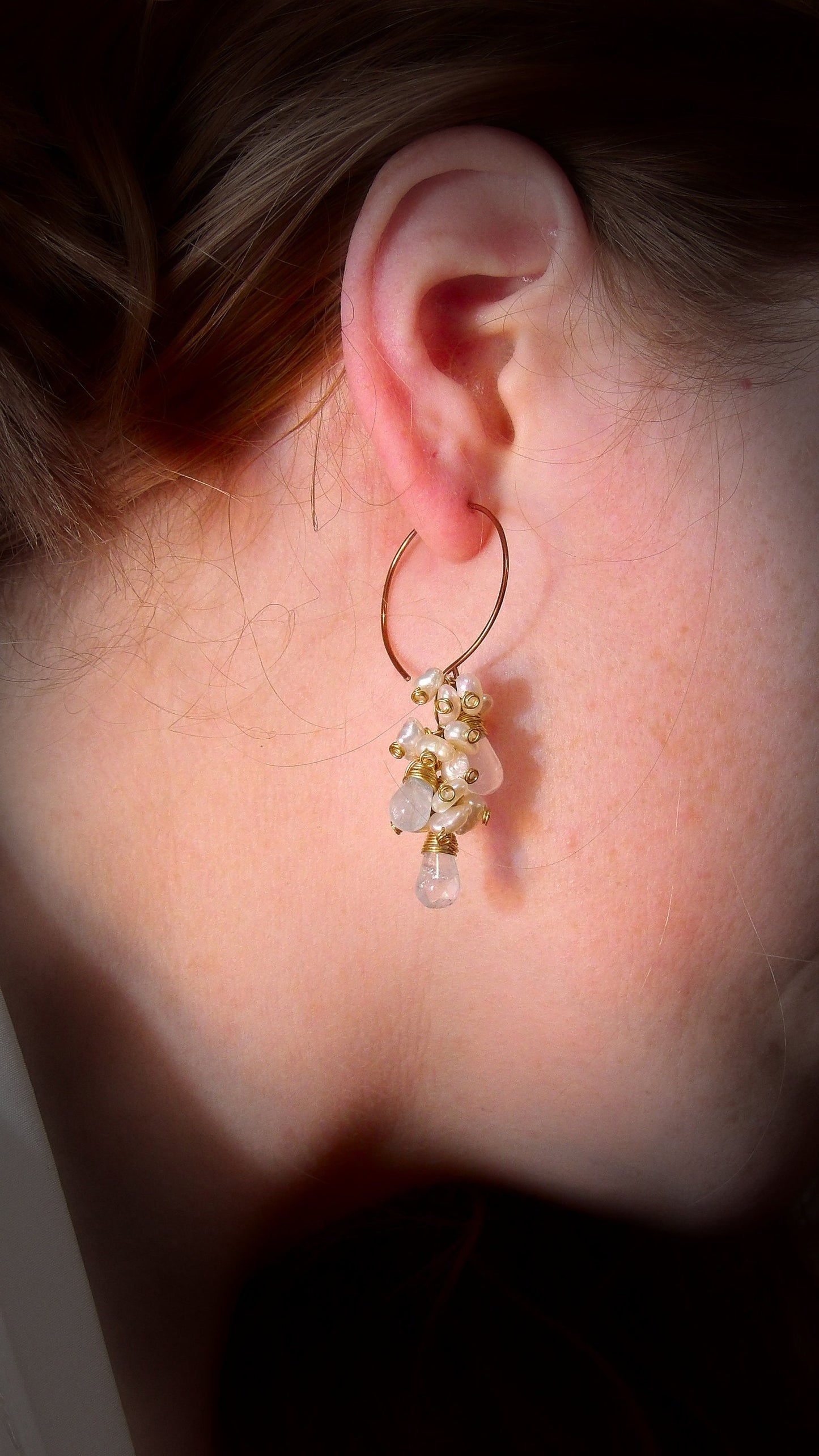sky blue topaz drops and baroque keshi pearl cluster earrings on copper hoops boho siren jewelry
