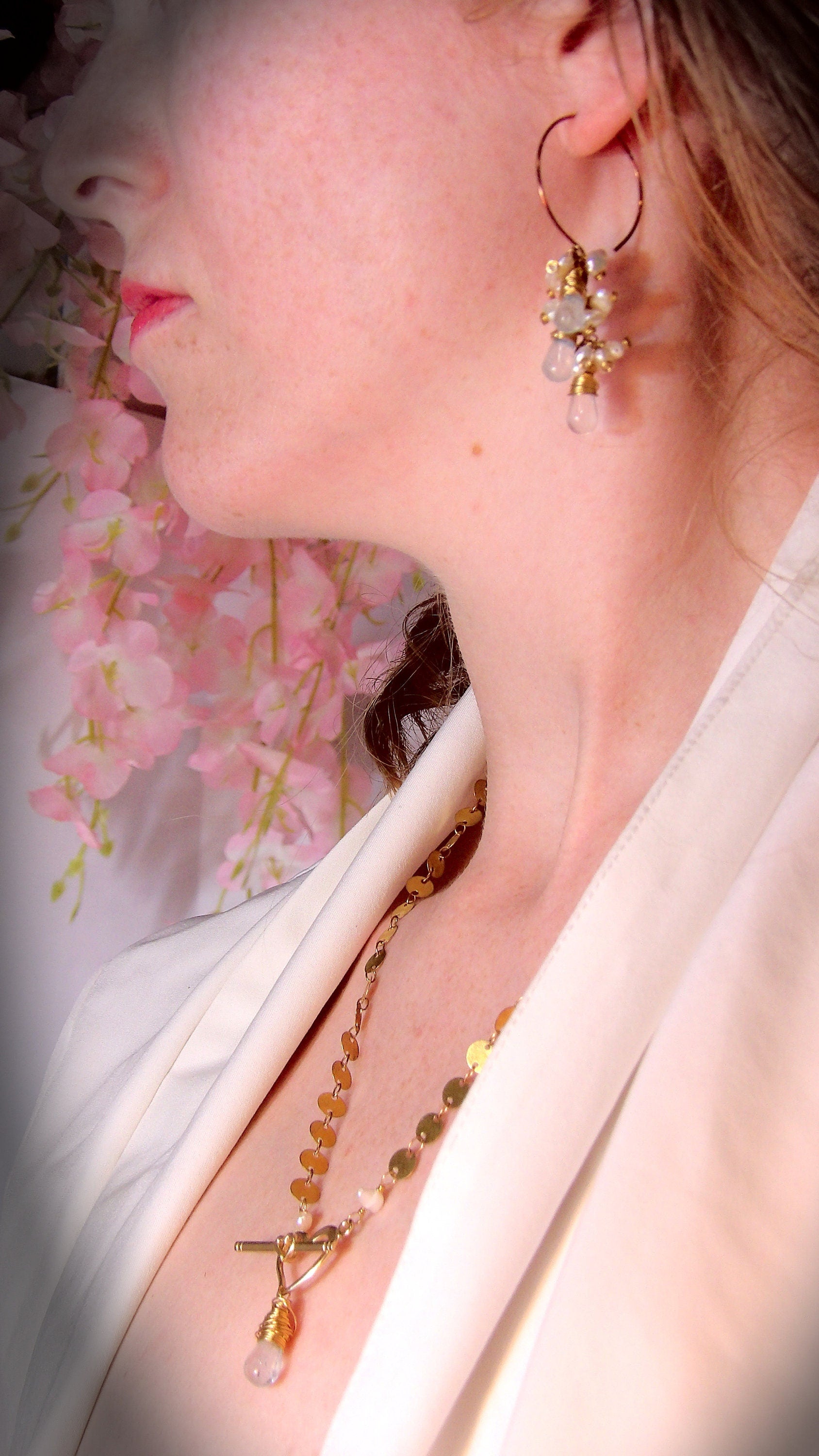 sky blue topaz drops and baroque keshi pearl cluster earrings on copper hoops boho siren jewelry set