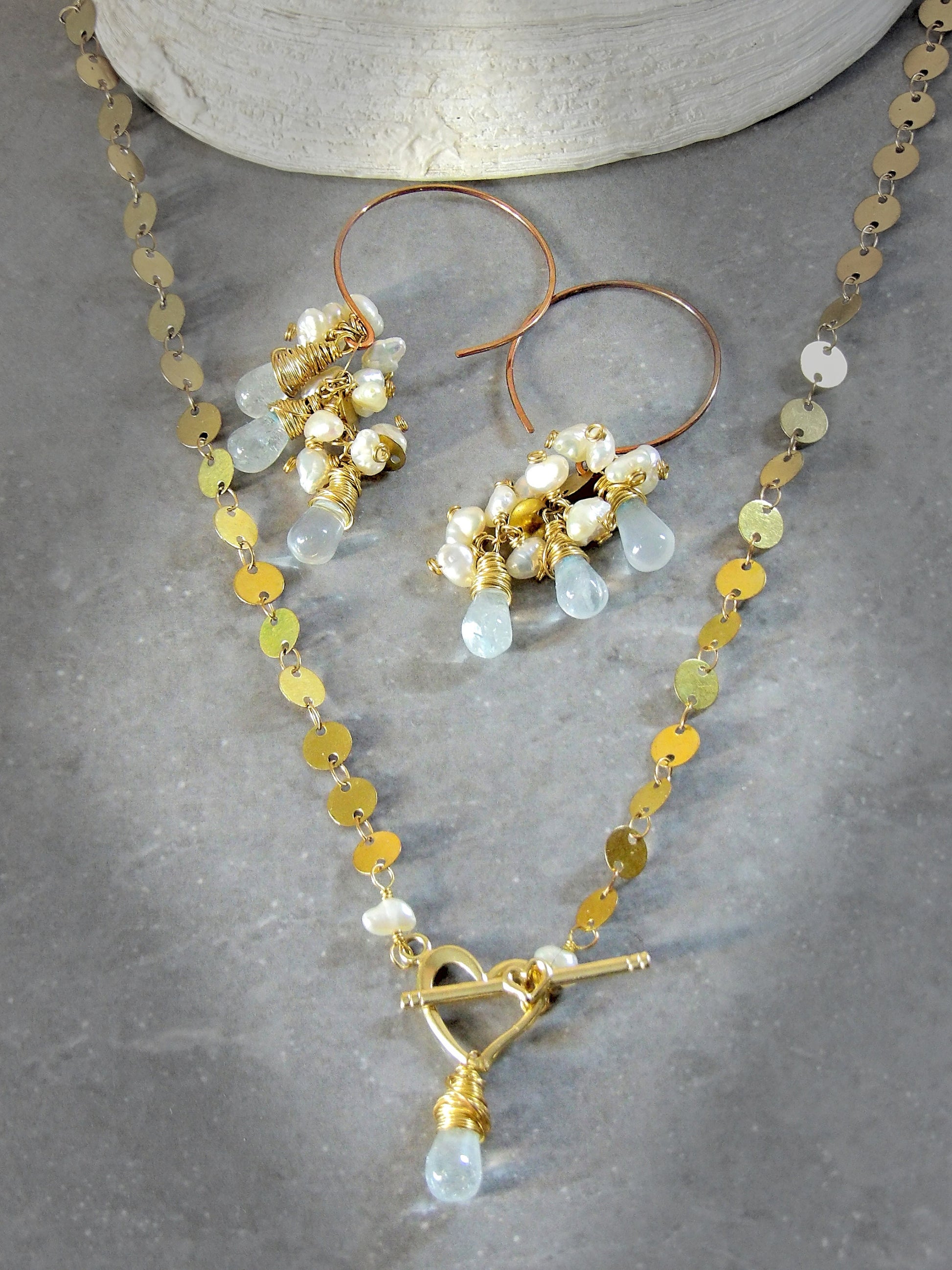 sky blue topaz drops and baroque keshi pearl cluster earrings on copper hoops boho siren jewelry set
