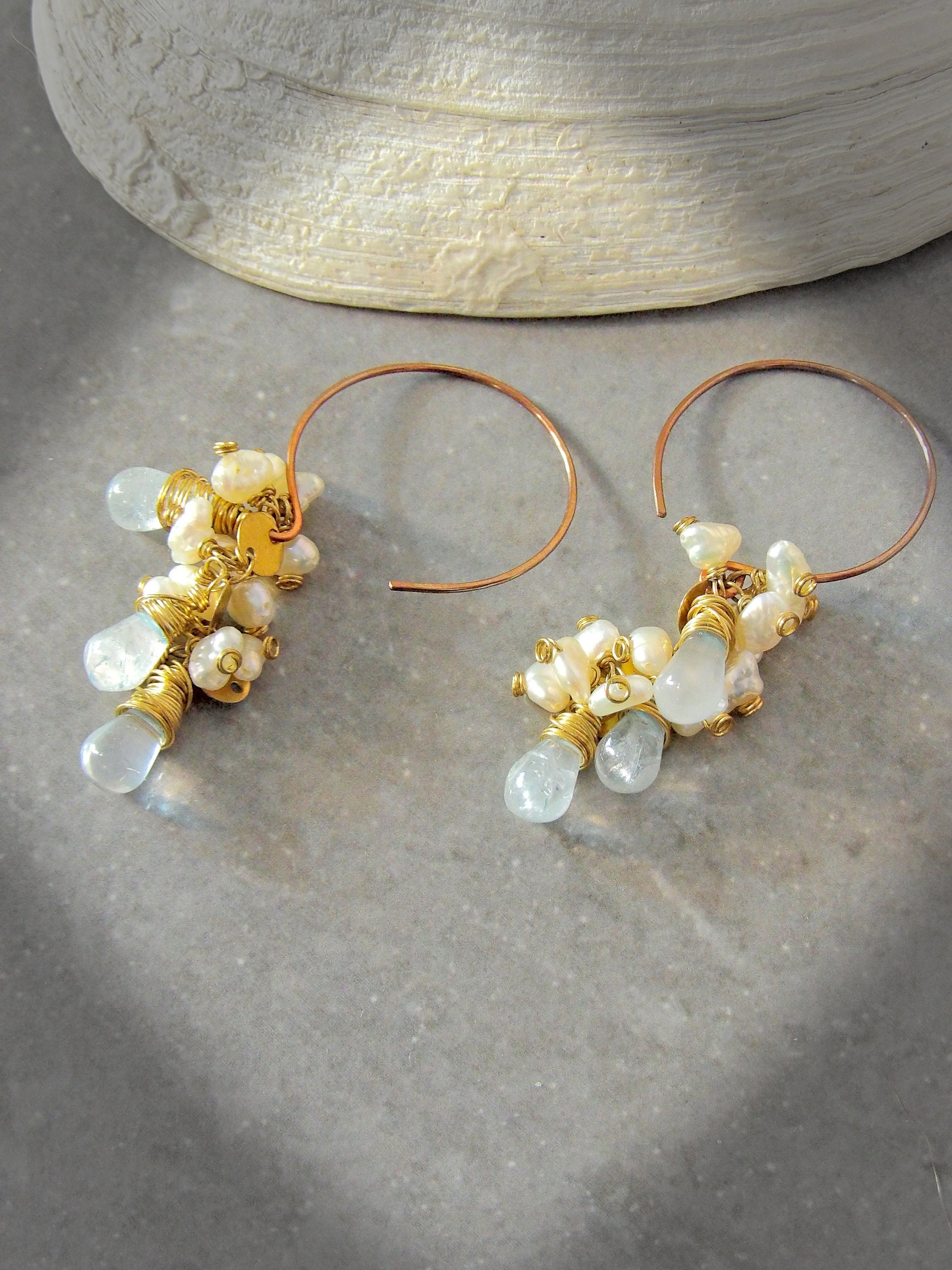 sky blue topaz drops and baroque keshi pearl cluster earrings on copper hoops boho siren jewelry