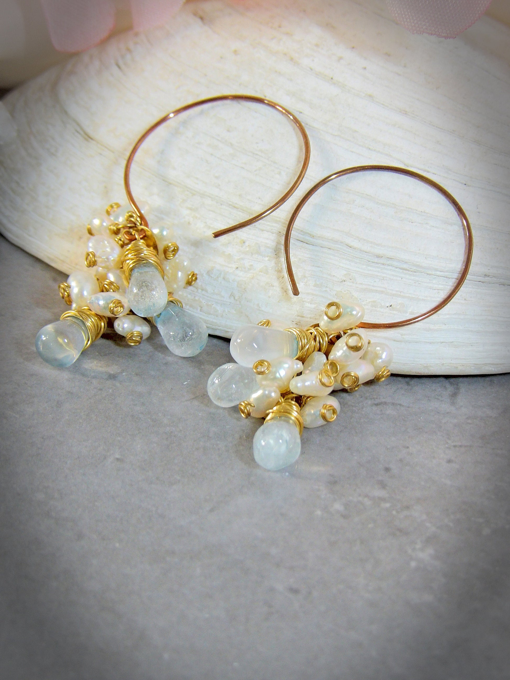 sky blue topaz drops and baroque keshi pearl cluster earrings on copper hoops boho siren jewelry