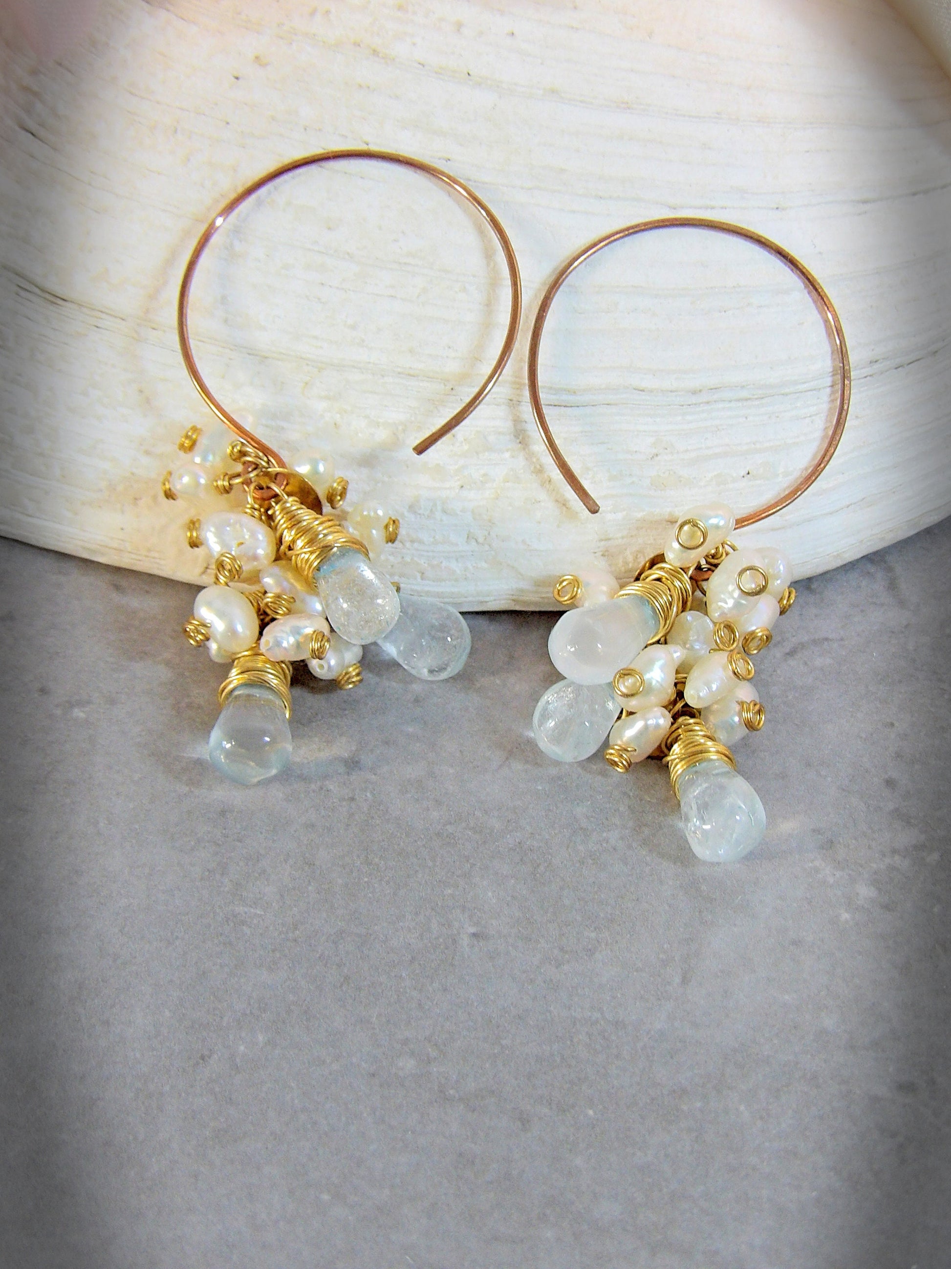 sky blue topaz drops and baroque keshi pearl cluster earrings on copper hoops boho siren jewelry