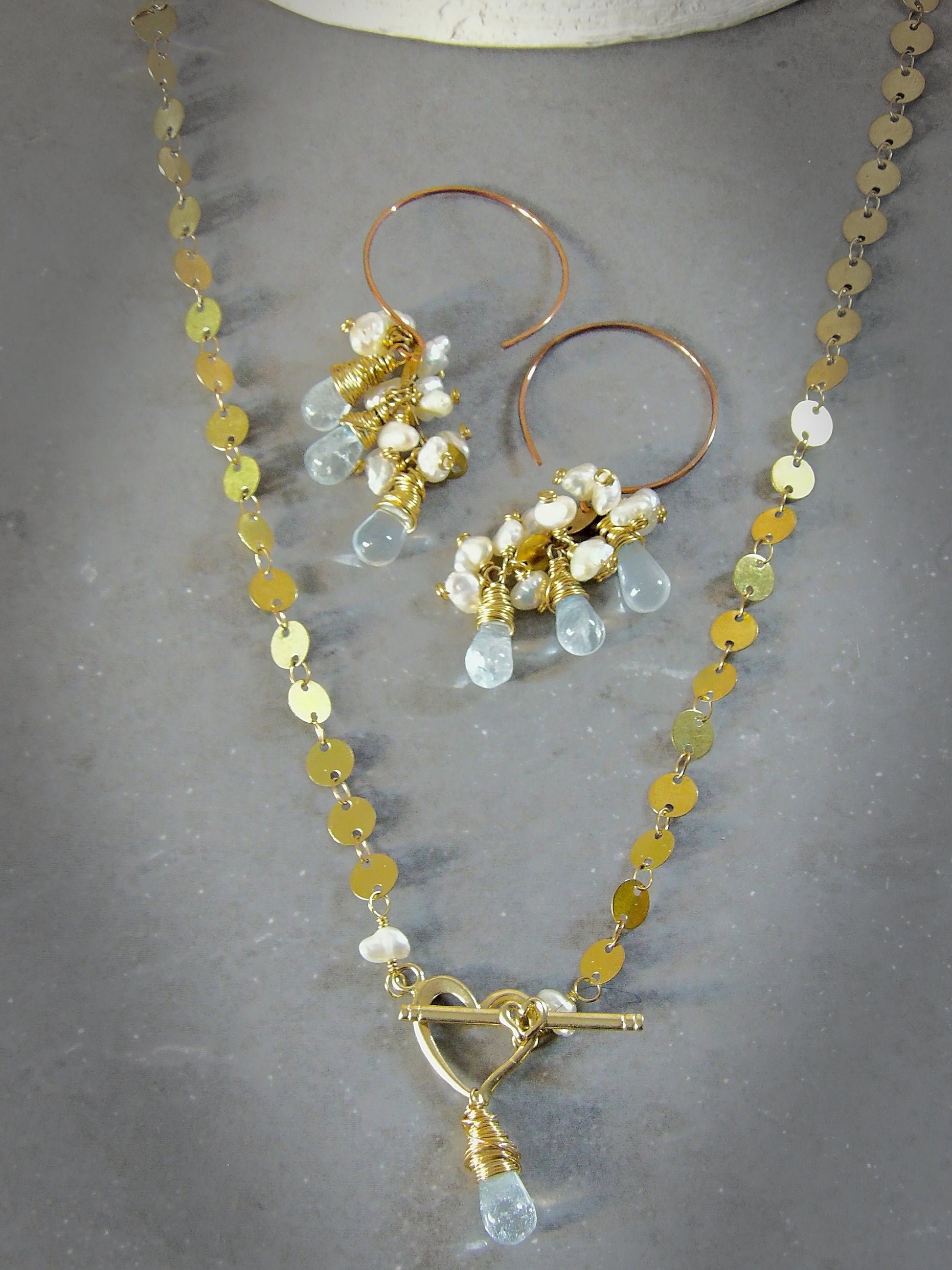 boho bridal jewelry set of sky blue topaz drops baroque keshi pearls necklace and earrings