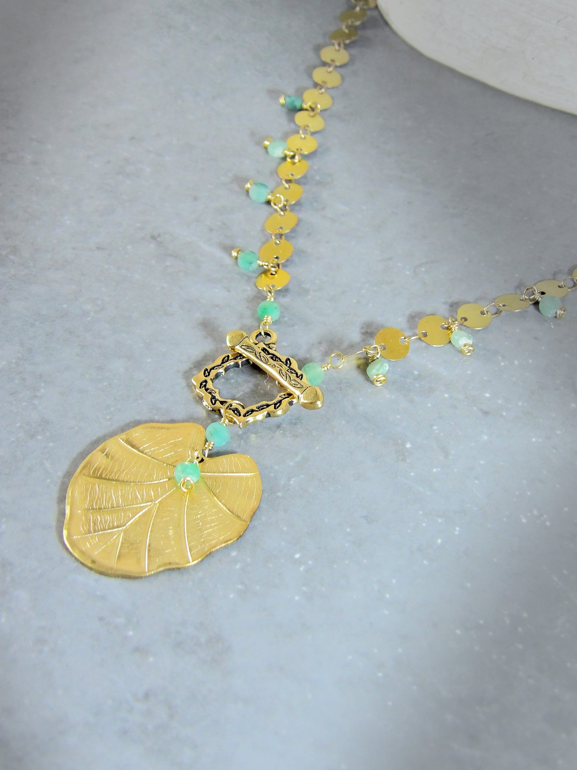 T Clasp Necklace Ft. Large Leaf Charm & Raw Emeralds | Toggle Necklace | Sustainable Fashion | Ethical Gemstone Jewelry Gift For Her