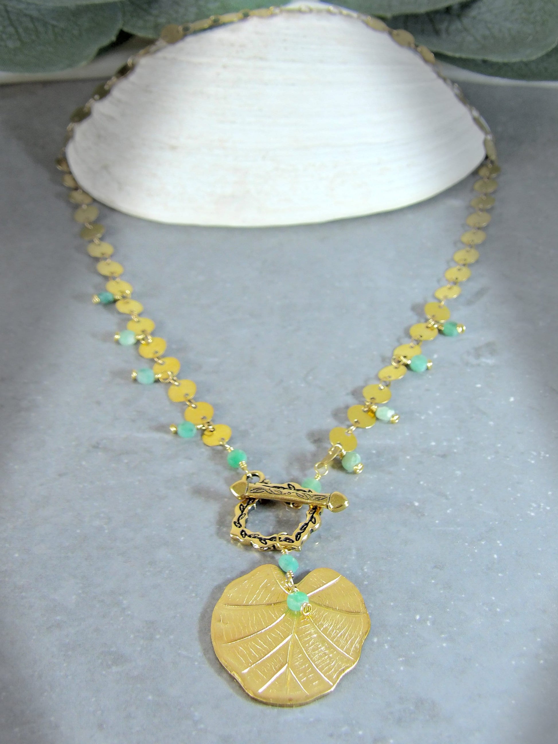 T Clasp Necklace Ft. Large Leaf Charm & Raw Emeralds | Toggle Necklace | Sustainable Fashion | Ethical Gemstone Jewelry Gift For Her