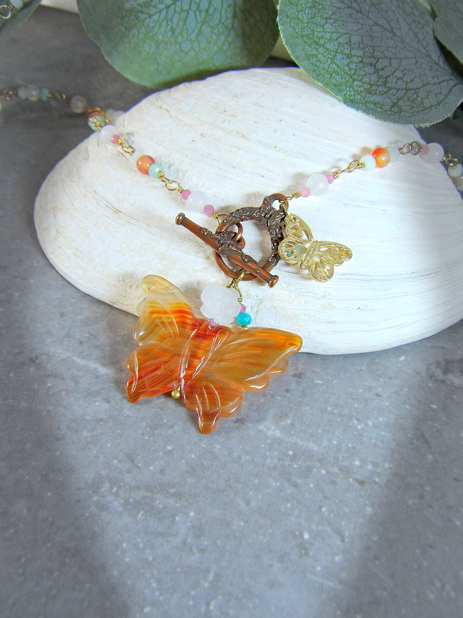 butterfly necklace boho beaded gemstone necklace butterfly toggle clasp necklace