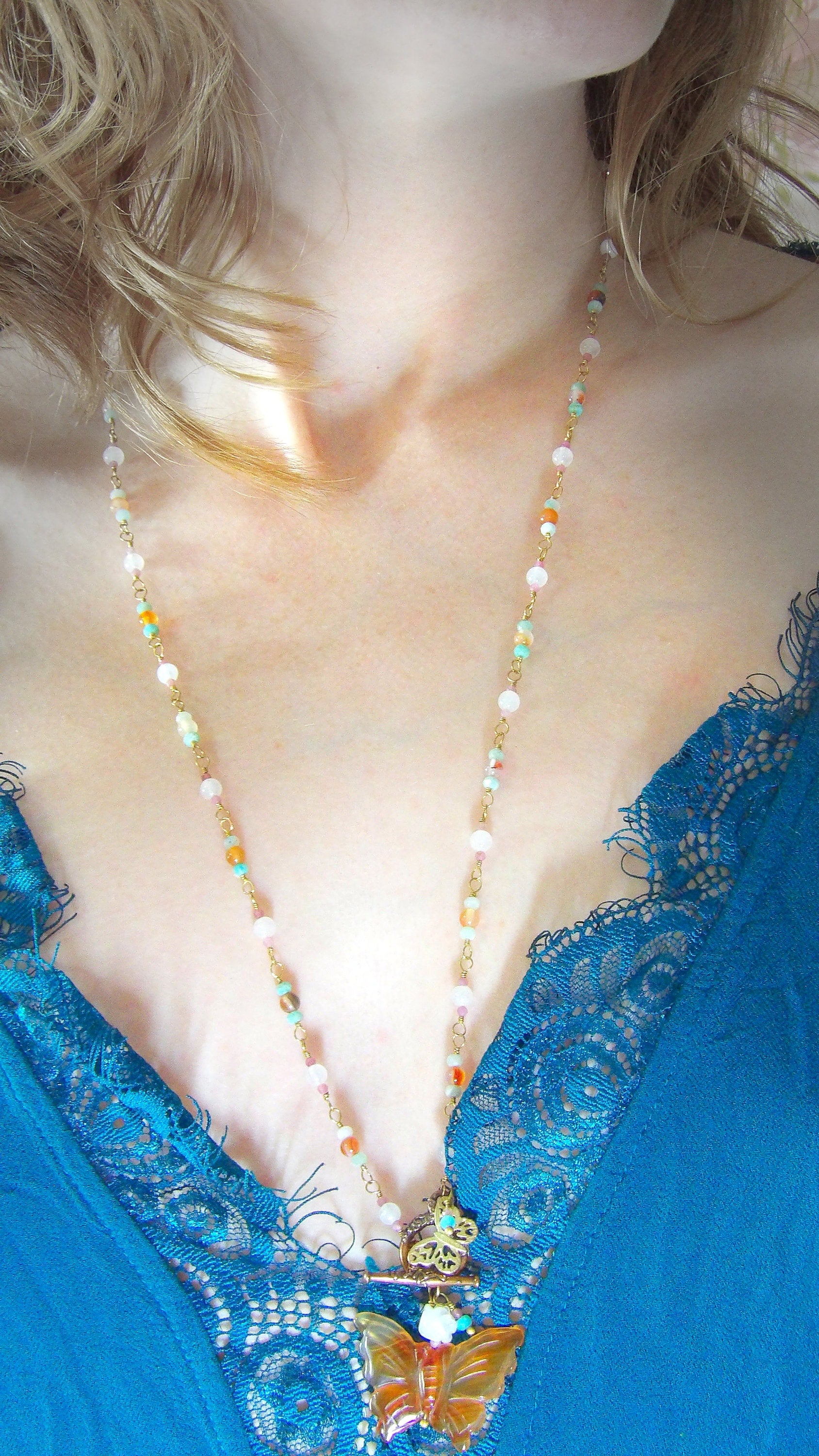 butterfly necklace boho beaded gemstone necklace butterfly toggle clasp necklace