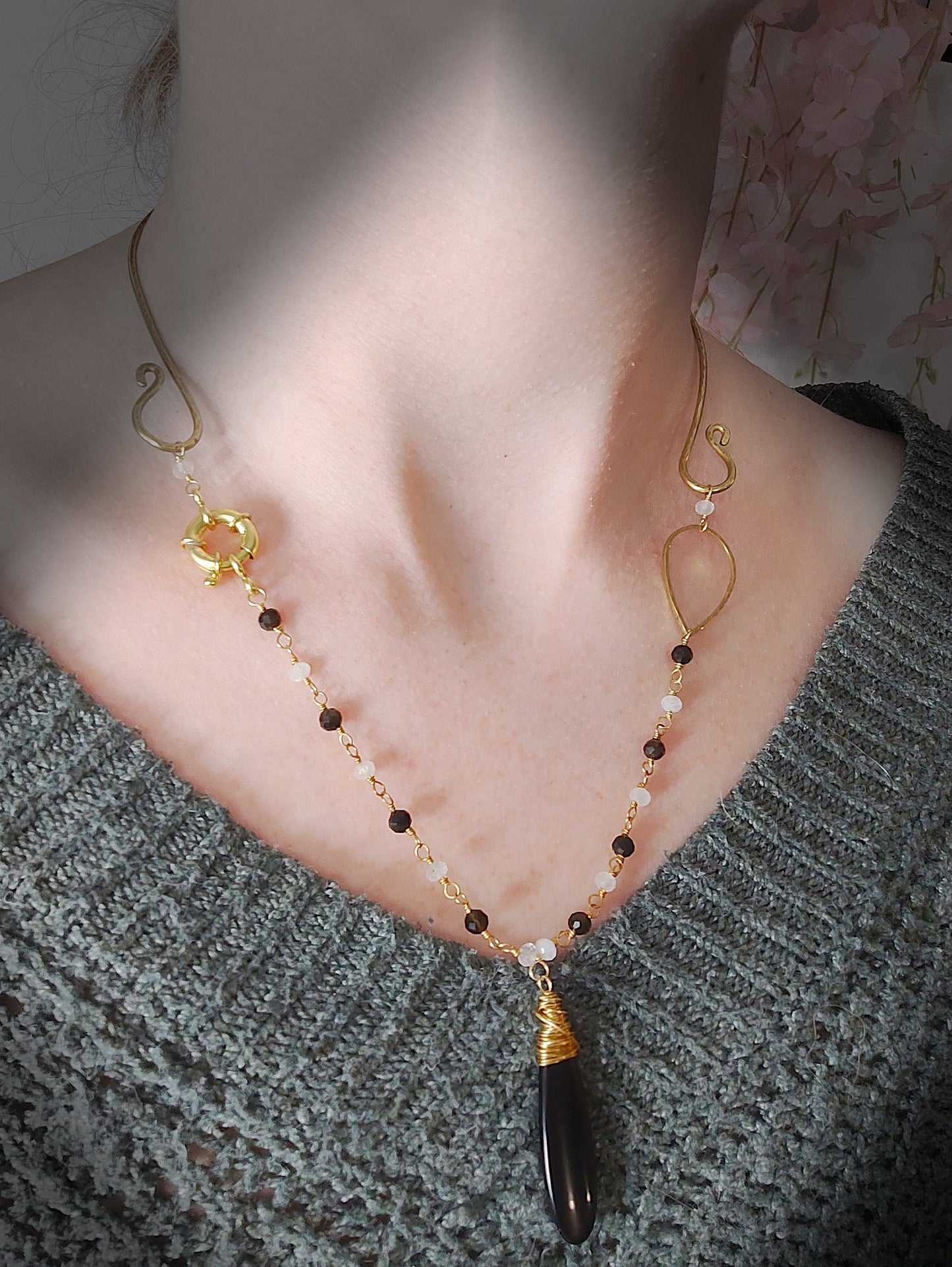 Hammered brass obsidian & moonstone torque necklace