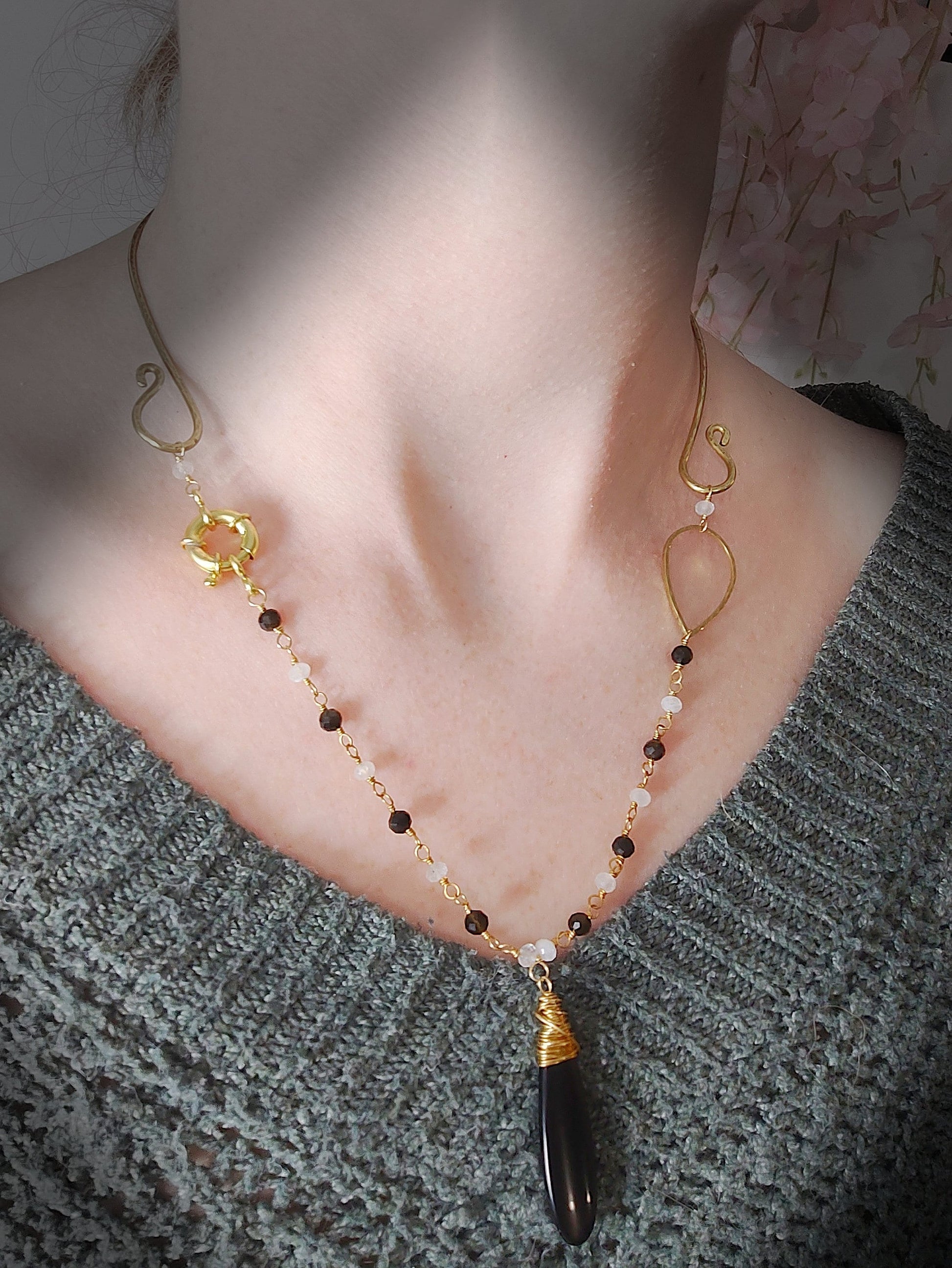 Hammered brass obsidian & moonstone torque necklace
