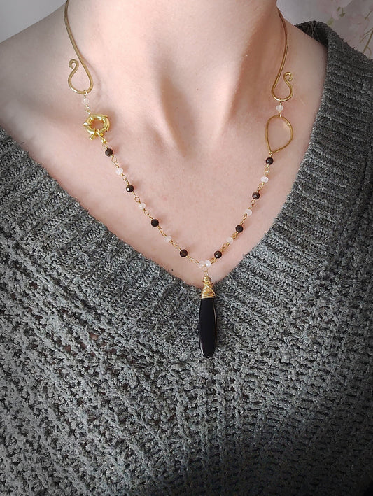 Hammered brass obsidian & moonstone torque necklace