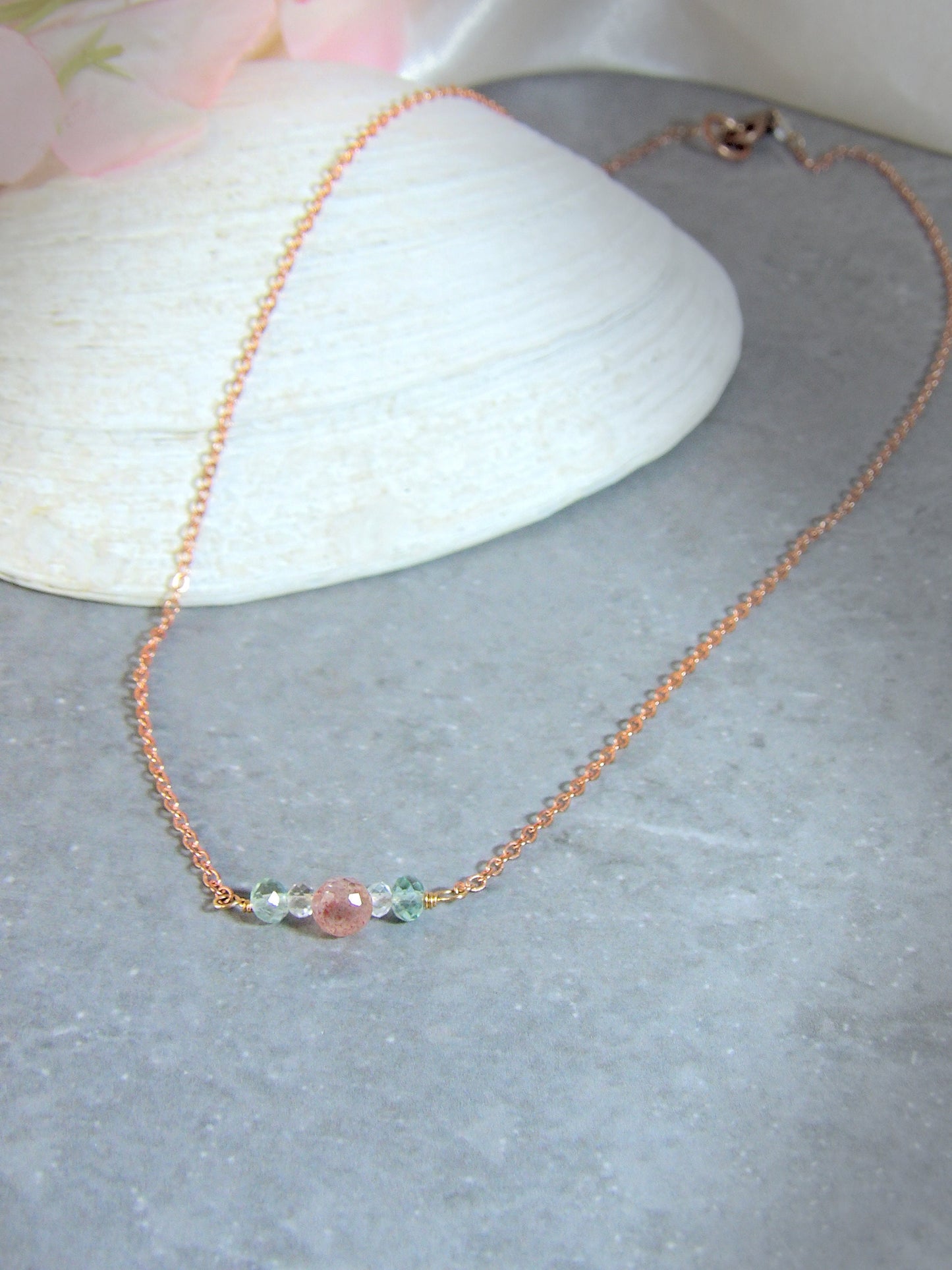 strawberry quartz fluorite white topaz dainty boho chic necklace 1
