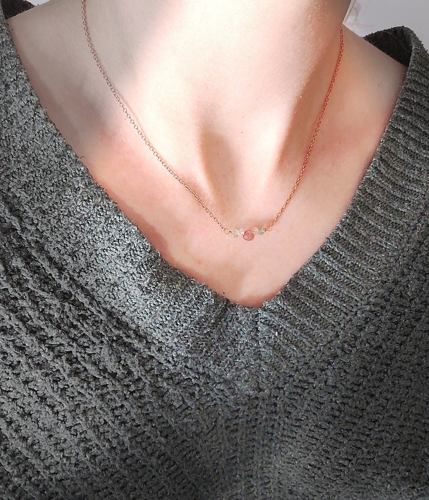 strawberry quartz fluorite white topaz dainty boho chic necklace 1