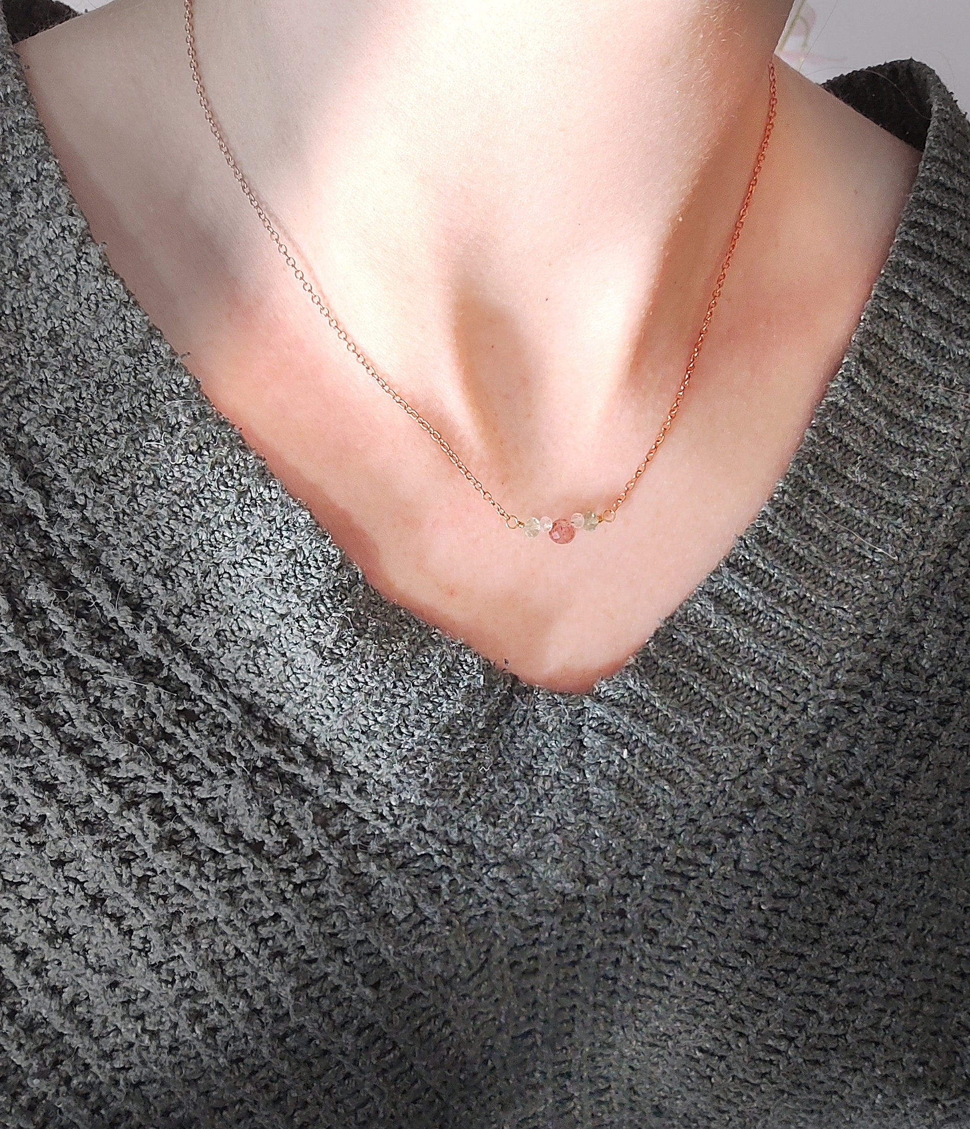 strawberry quartz fluorite white topaz dainty boho chic necklace 1