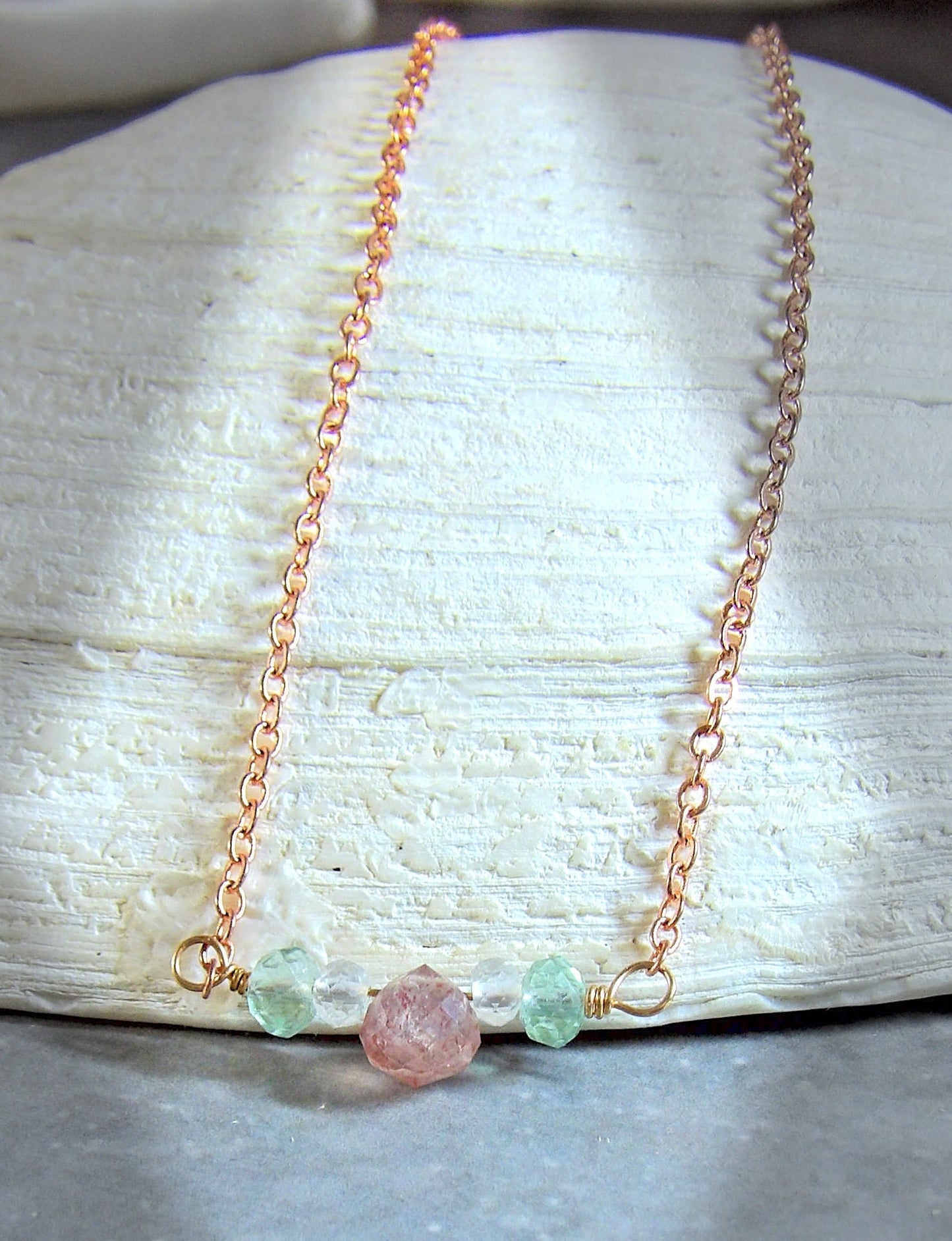 strawberry quartz fluorite white topaz dainty boho chic necklace 1
