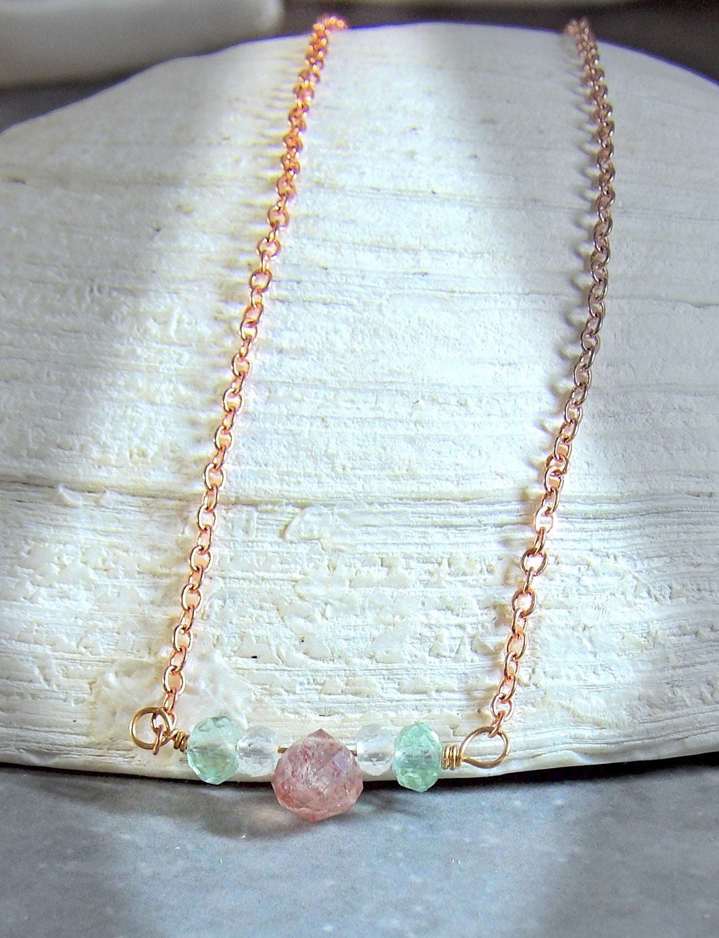 strawberry quartz fluorite white topaz dainty boho chic necklace 1