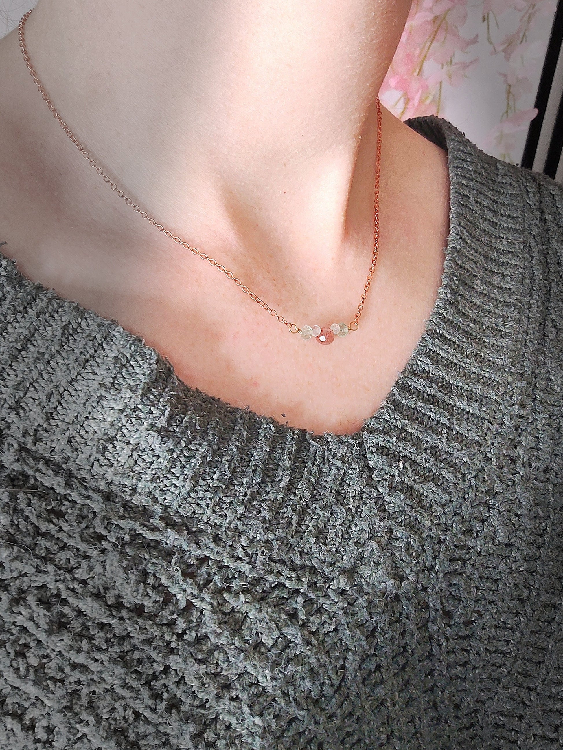strawberry quartz fluorite white topaz dainty boho chic necklace 1