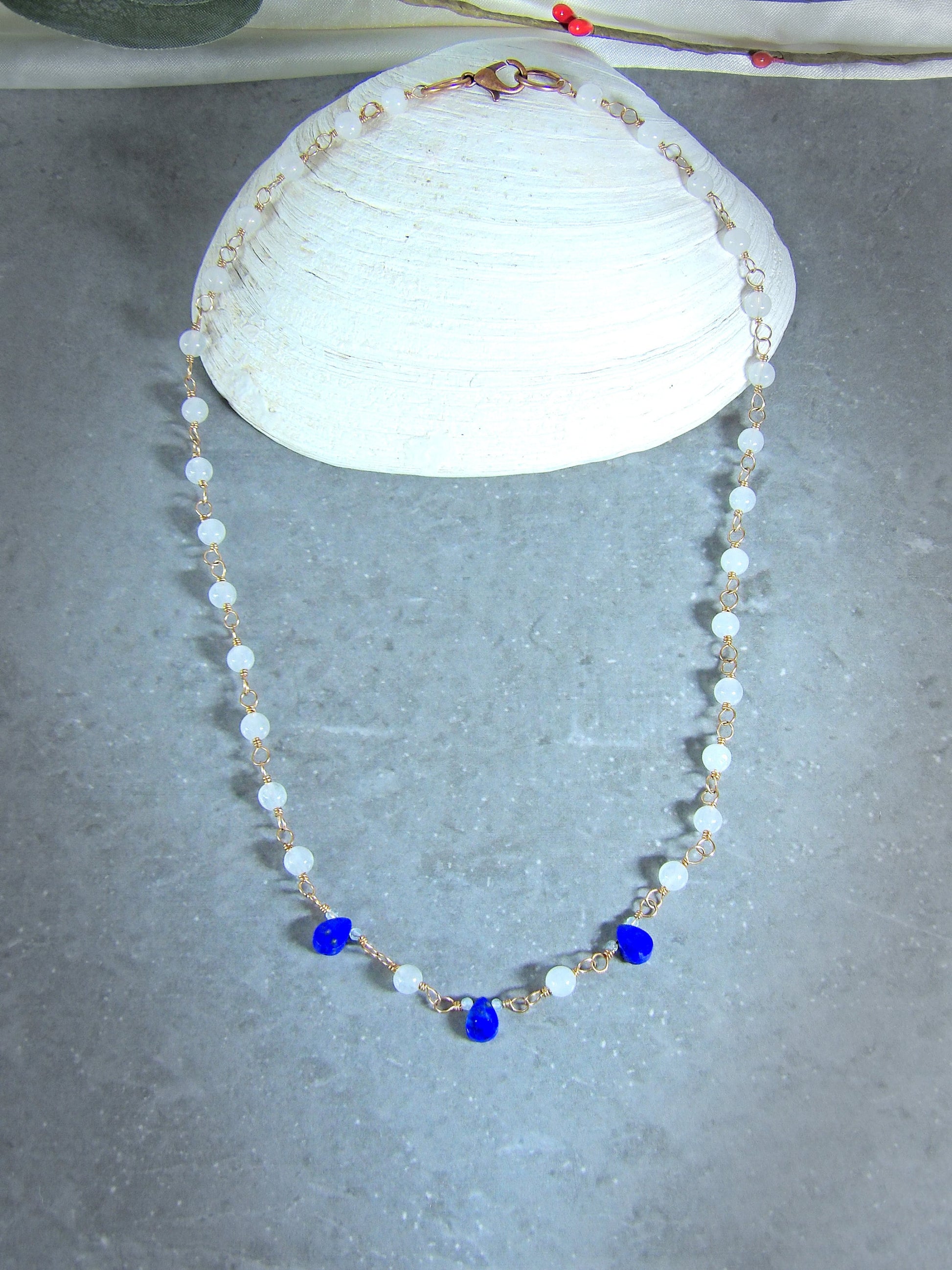 lapis lazuli white jade aquamarine boho necklace. beaded boho necklace. Natural gemstone necklace. Boho hoop earrings. Beaded earrings.