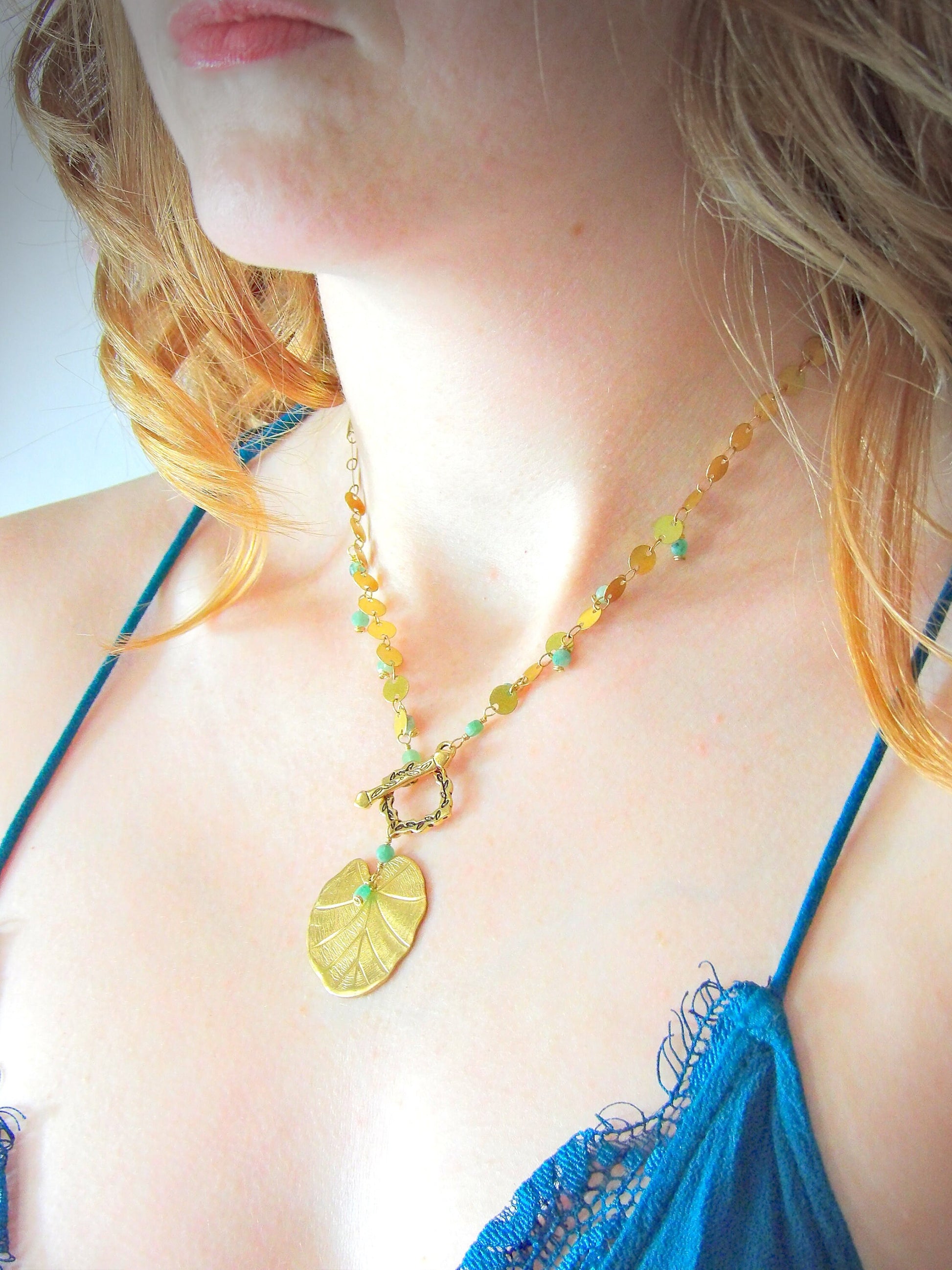 T Clasp Necklace Ft. Large Leaf Charm & Raw Emeralds | Toggle Necklace | Sustainable Fashion | Ethical Gemstone Jewelry Gift For Her