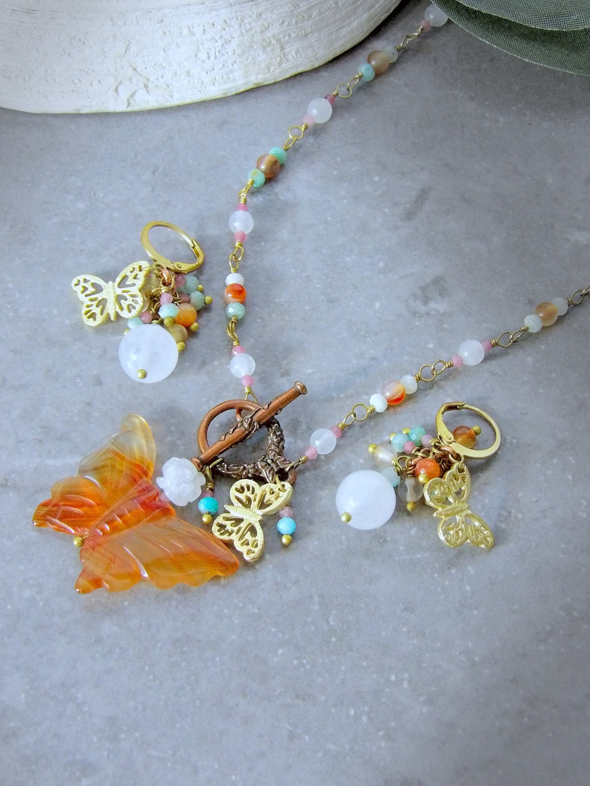 butterfly necklace boho beaded gemstone necklace butterfly toggle clasp necklace. Butterfly beaded gemstone cluster earrings