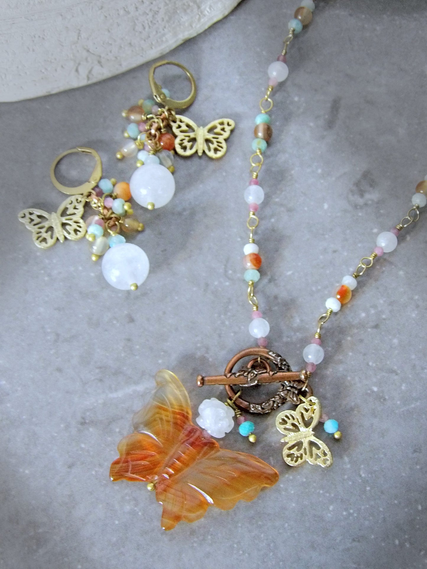 butterfly necklace boho beaded gemstone necklace butterfly toggle clasp necklace. Butterfly beaded gemstone cluster earrings
