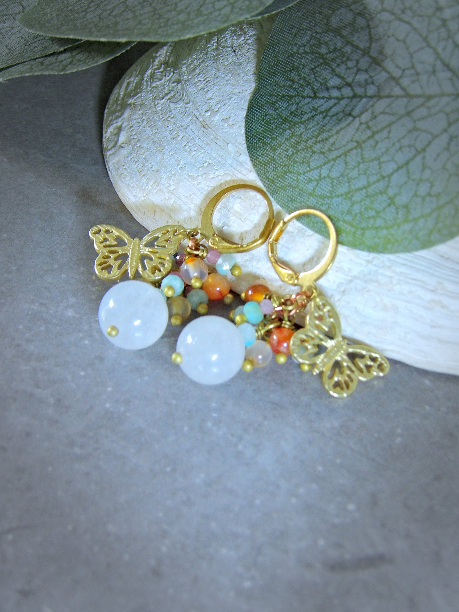 butterfly earrings. gemstone cluster earrings.