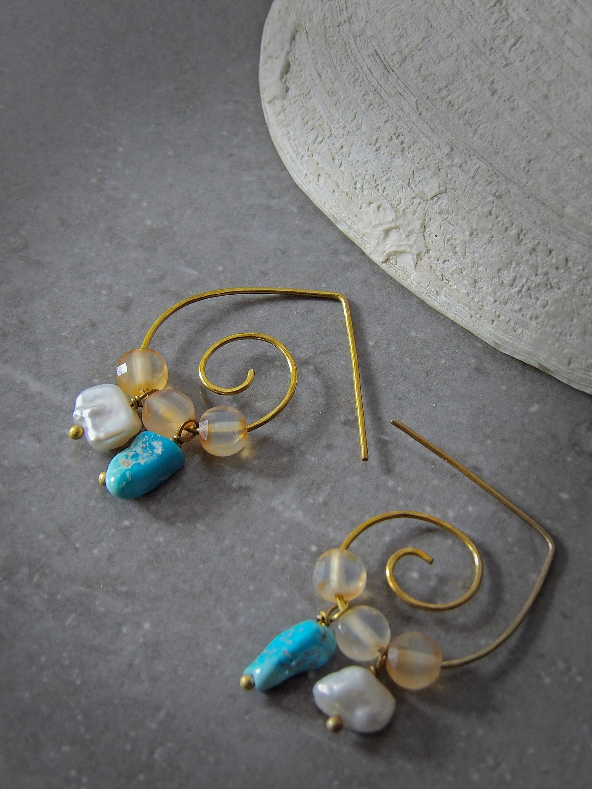 Hammered Spiral Hoop Earrings | Genuine Arizona Turquoise | Baroque Freshwater Keshi Pearls & Carnelian | Ethical Boho Jewelry